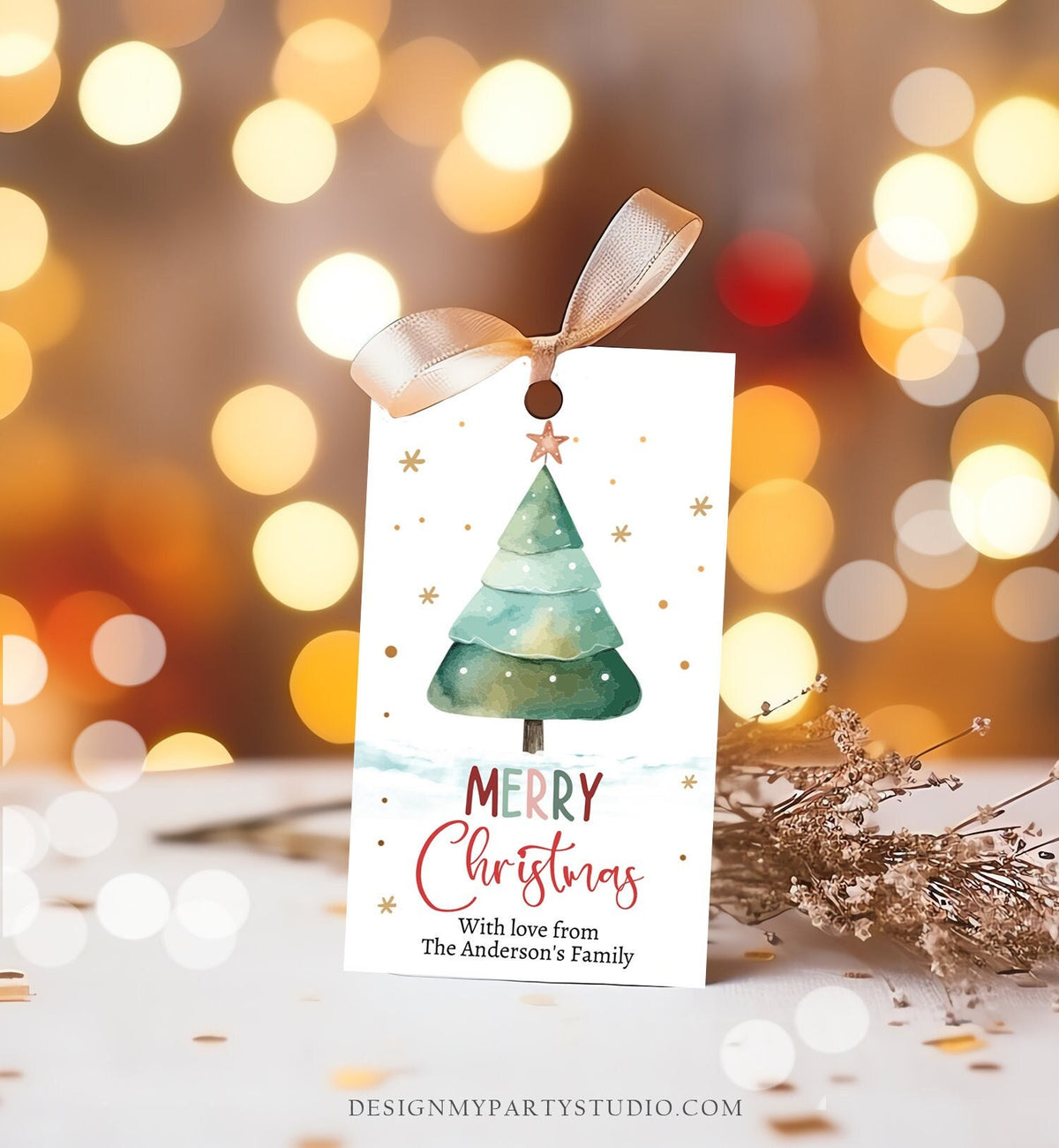 Editable Christmas Favor Tags Holiday Gift Tags Merry Christmas Holiday Tags Holiday Labels Tree Gold Teacher Download Printable Corjl 0443