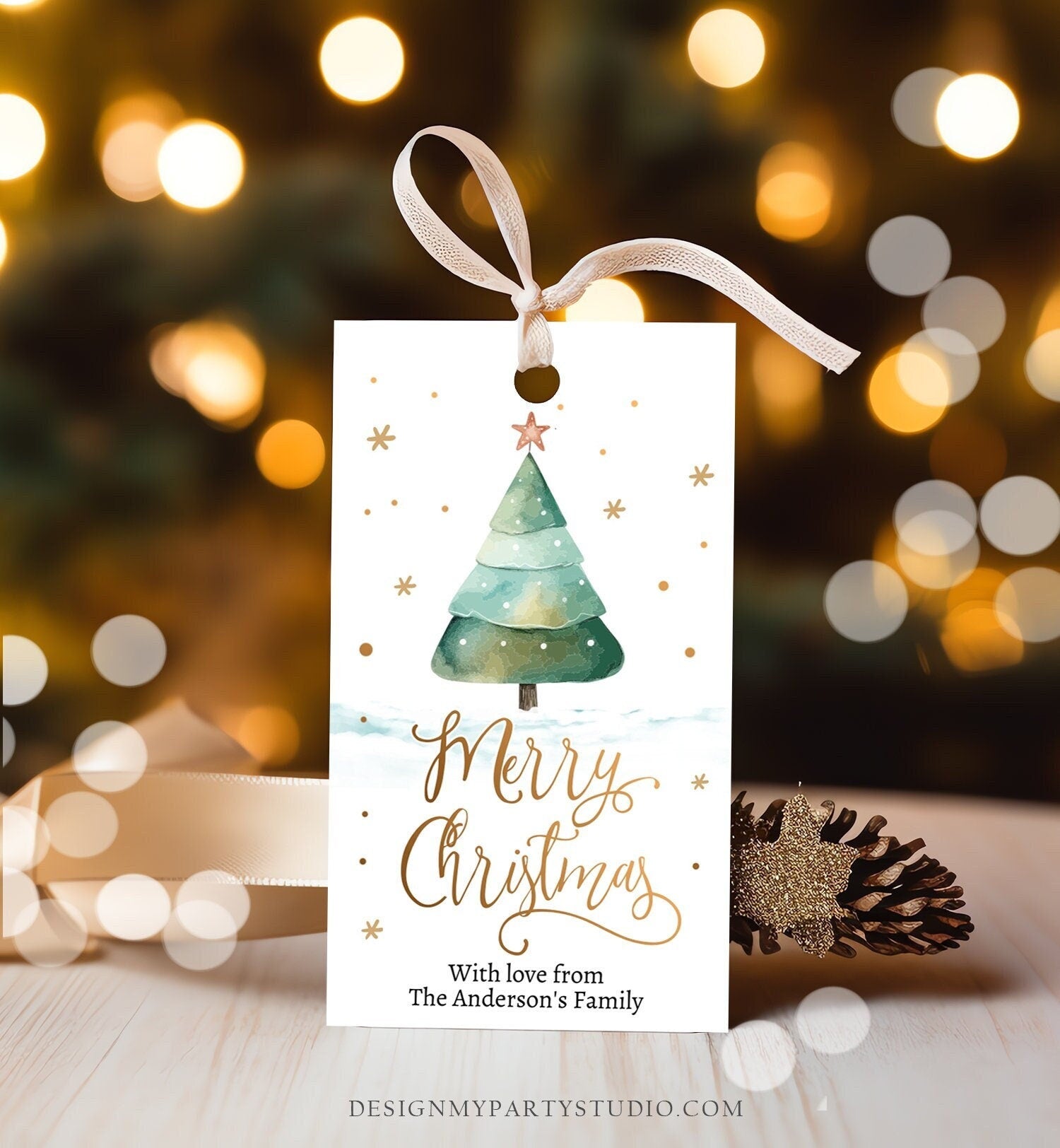 Editable Christmas Favor Tag Holiday Gift Tag Merry Christmas Holiday Labels Tree Gold Teacher Digital Download Template Printable 0443