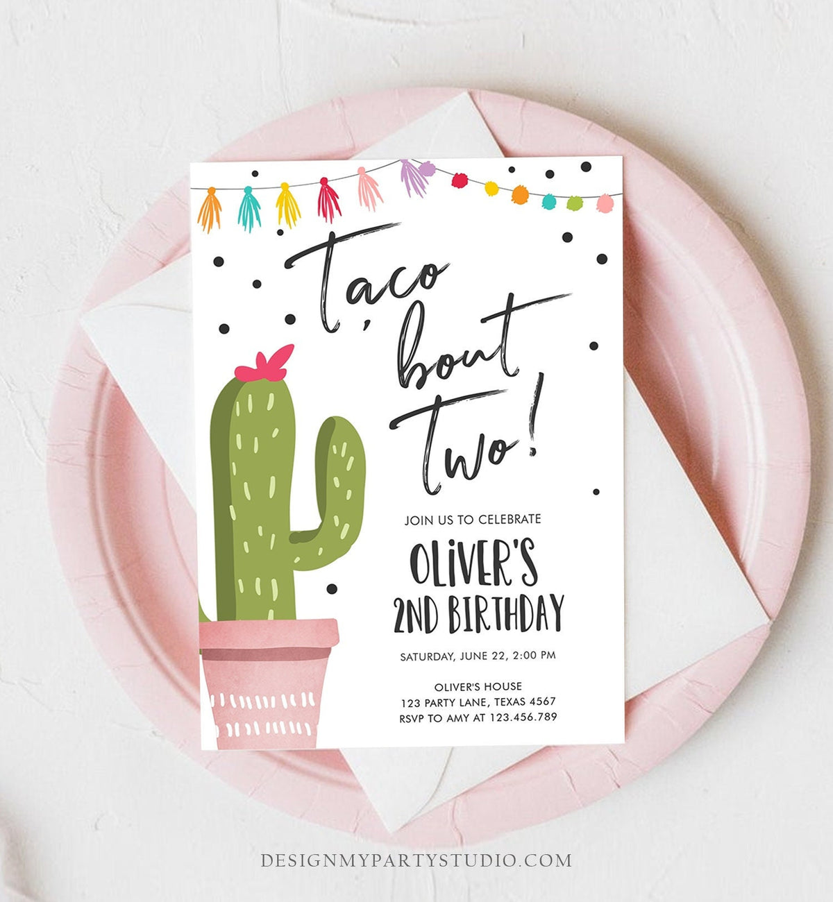Editable Taco Bout a Party Birthday Invitation ANY AGE Girl Boy Cactus Fiesta Mexican Second Birthday Download Printable Corjl Template 0254