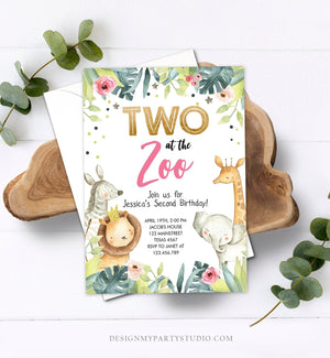 Editable Two in the Zoo Birthday Invitation Girl Animals Party Jungle Safari Pink Gold Two Wild Download Printable Template Corjl 0163