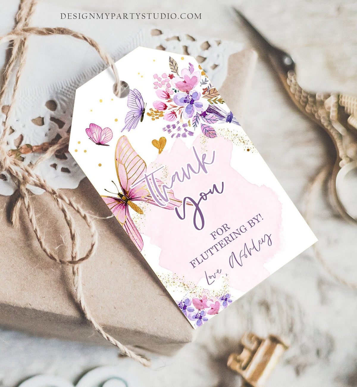 Editable Butterfly Favor Tags Butterfly Birthday Thank you Tags Garden Shower Pink Gold Girl Fluttering By Floral Template PRINTABLE 0437