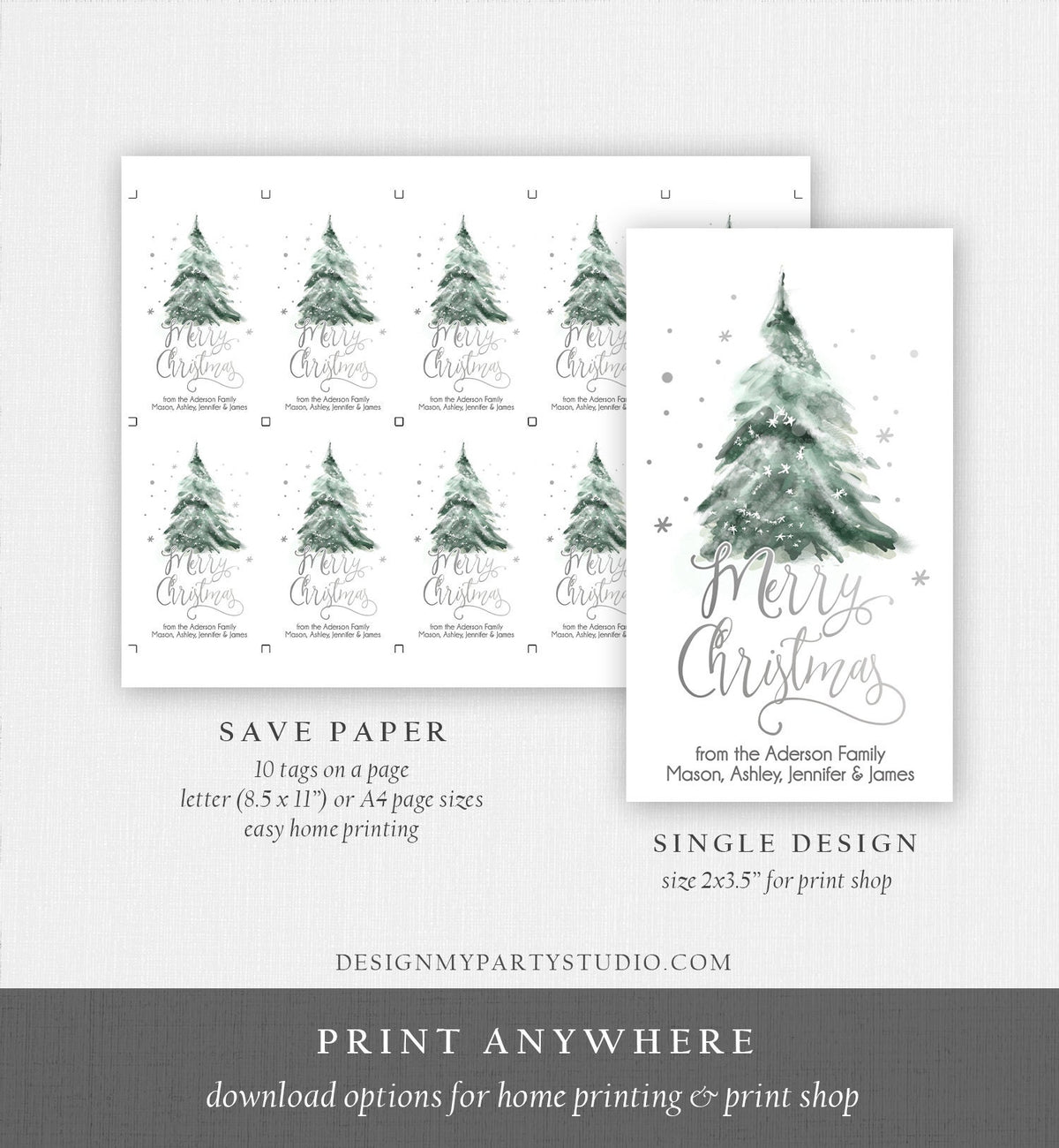Editable Christmas Favor Tags Holiday Gift Tags Merry Christmas Holiday Tags Holiday Tree Silver Download Template Printable 0363 0443