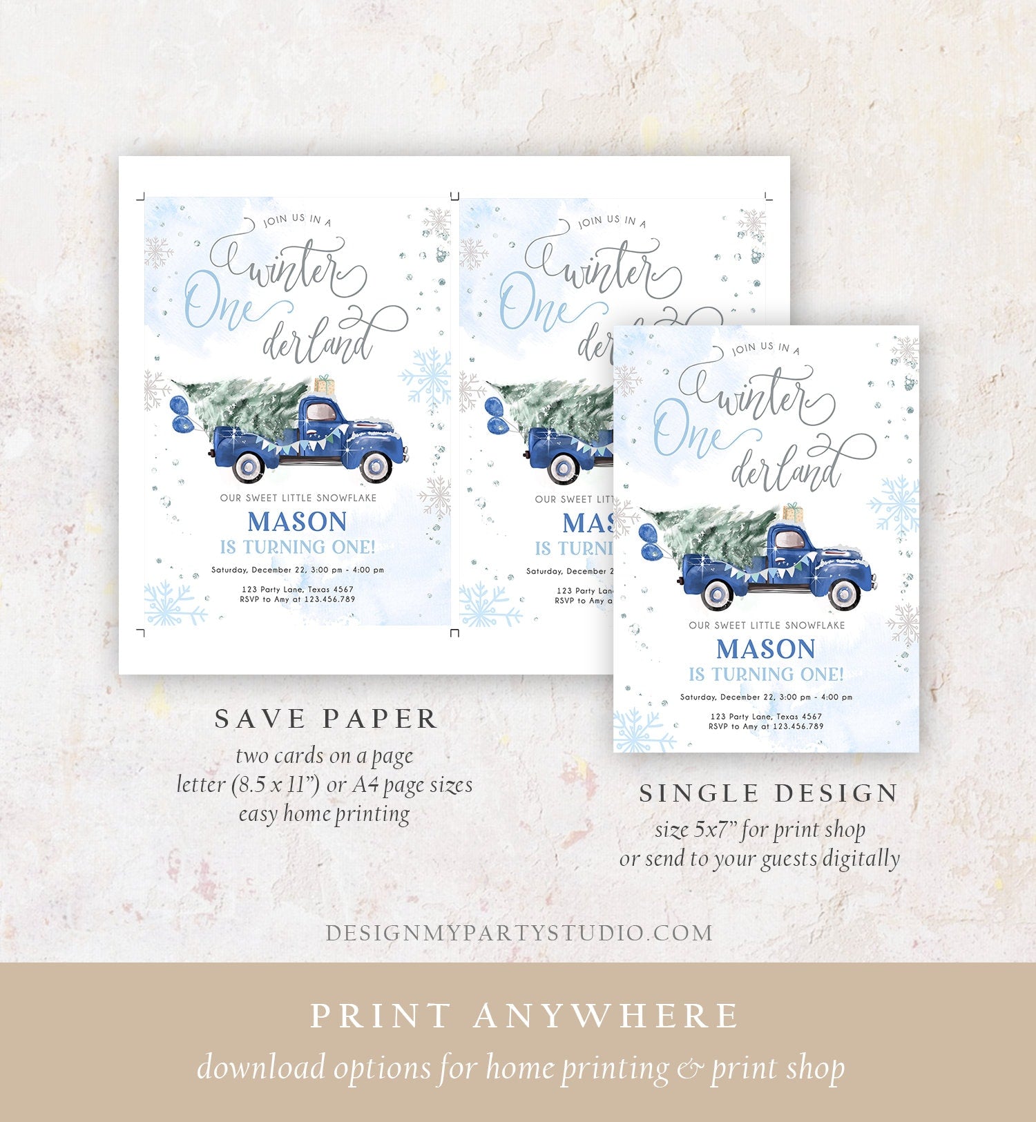 Editable Winter Onederland Winter First Birthday Invitation Christmas 1st Winter Blue Truck Boy Silver Digital Evite Template Printable 0495
