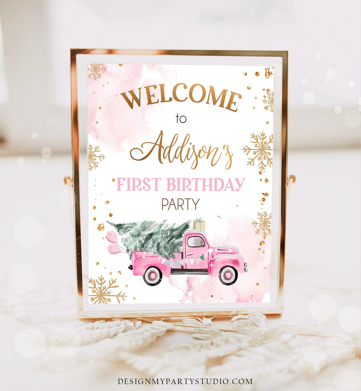 Editable Winter Truck Welcome Sign Onederland Pink Truck Watercolor Girl First Birthday Snowflake Wonderland Digital Template Printable 0495