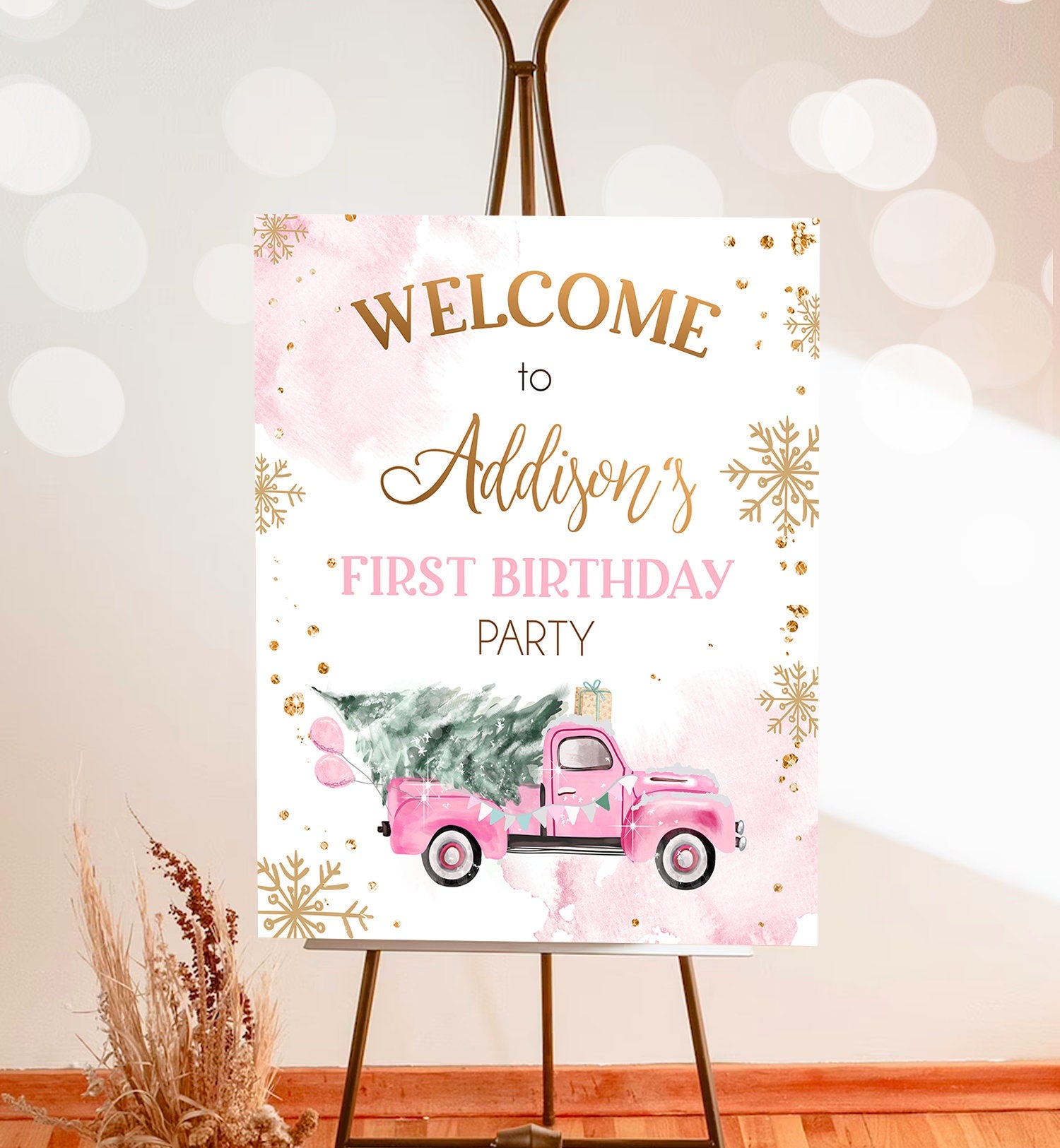 Editable Winter Truck Welcome Sign Onederland Pink Truck Watercolor Girl First Birthday Snowflake Wonderland Digital Template Printable 0495