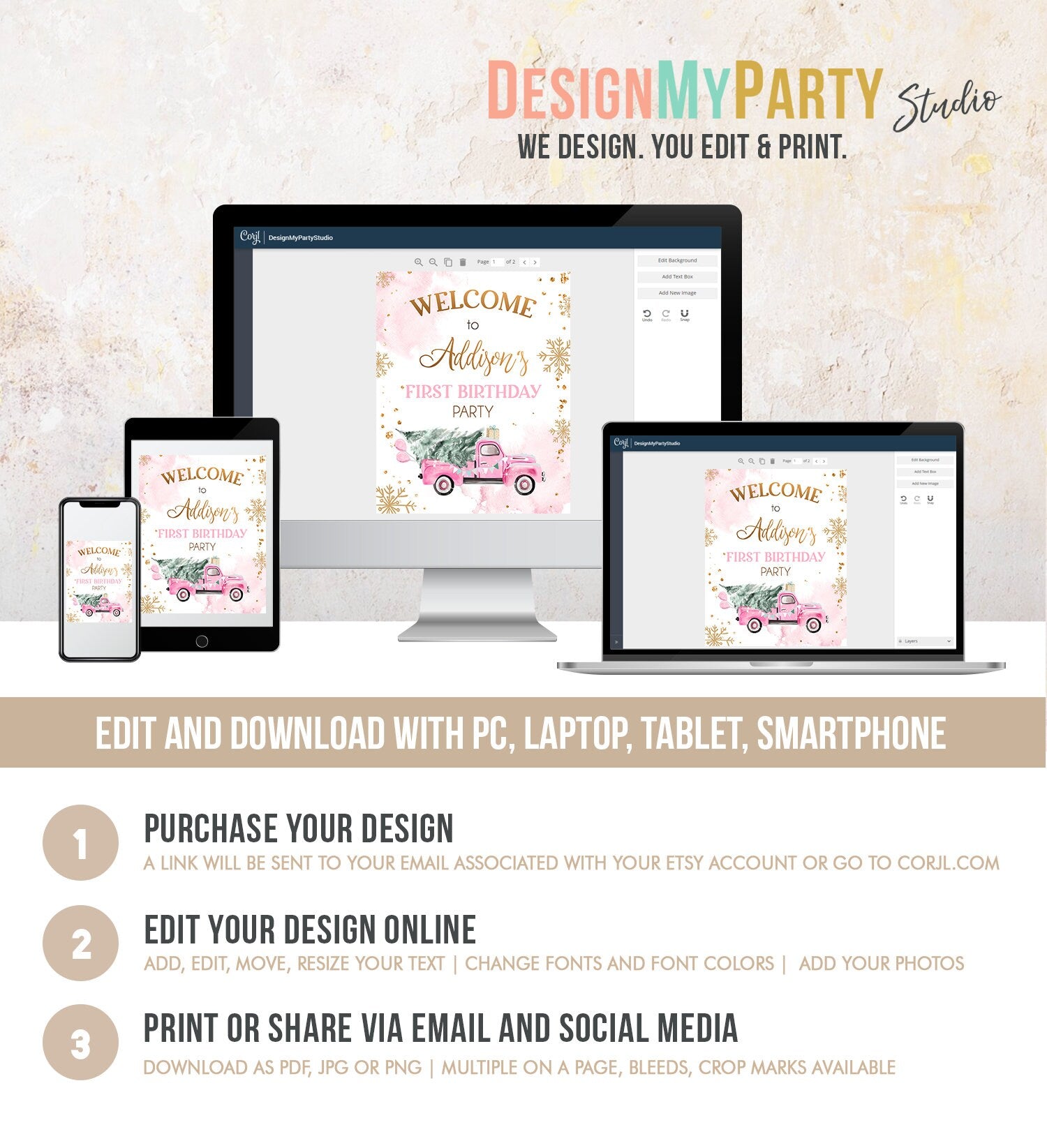 Editable Winter Truck Welcome Sign Onederland Pink Truck Watercolor Girl First Birthday Snowflake Wonderland Digital Template Printable 0495