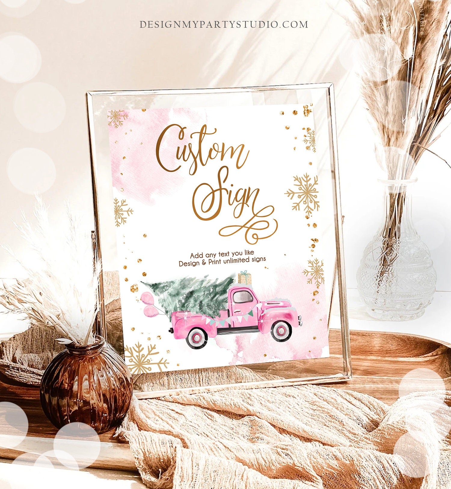 Editable Custom Sign Winter Truck Sign Winter Onederland Pink Truck Girl First Birthday Party 8x10 Digital Download Template Printable 0495