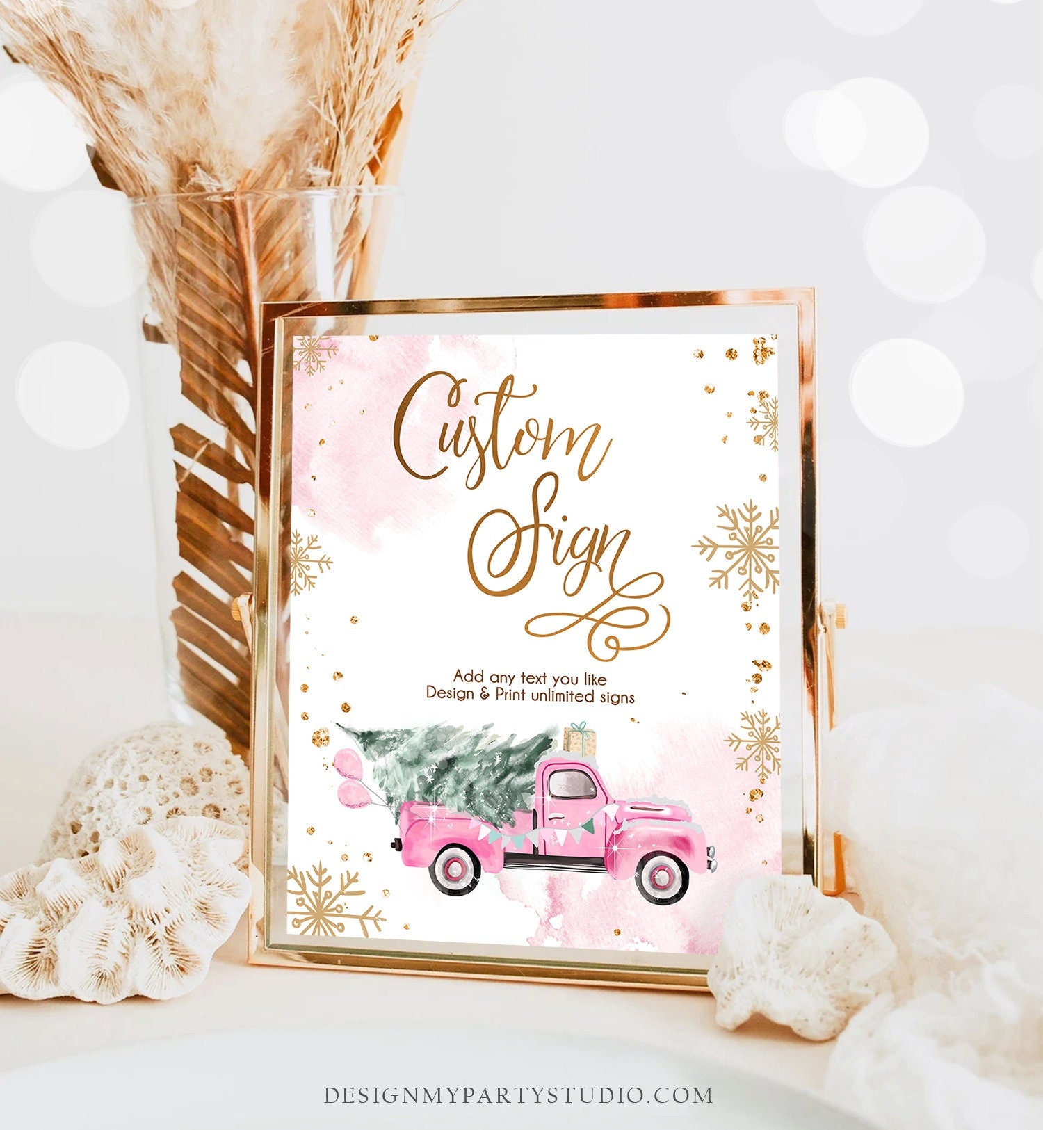 Editable Custom Sign Winter Truck Sign Winter Onederland Pink Truck Girl First Birthday Party 8x10 Digital Download Template Printable 0495