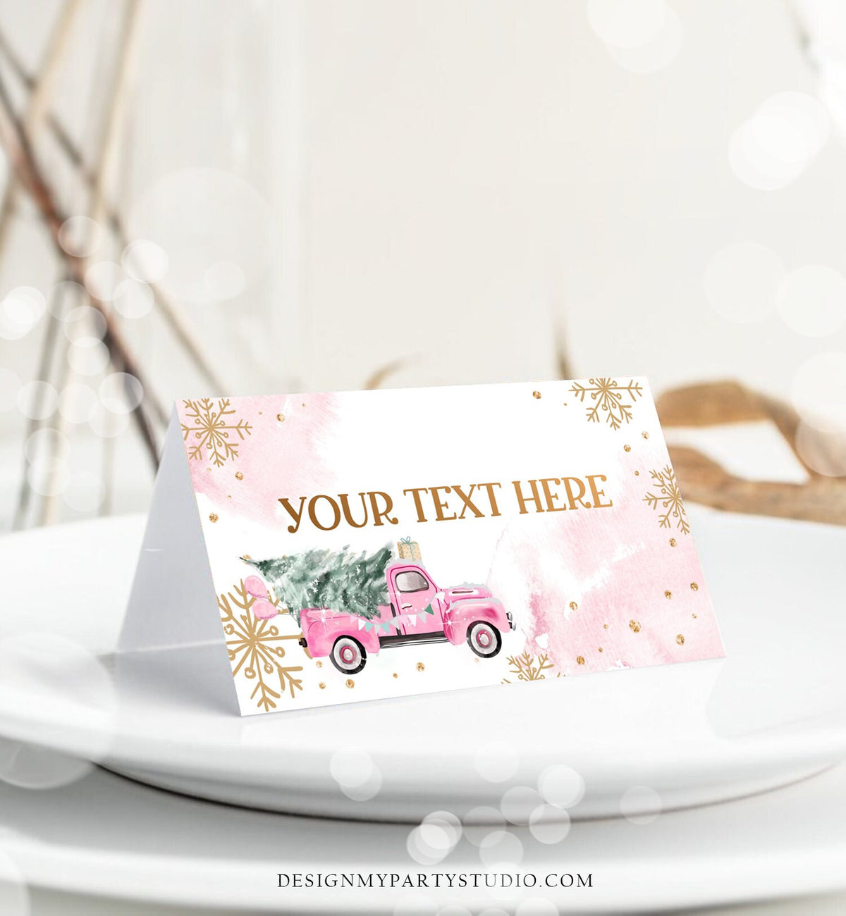 Editable Winter Truck Food Label Place Card Tent Card Escort Holiday Party Christmas Pink Truck Winter Tree Digital Template Printable 0495