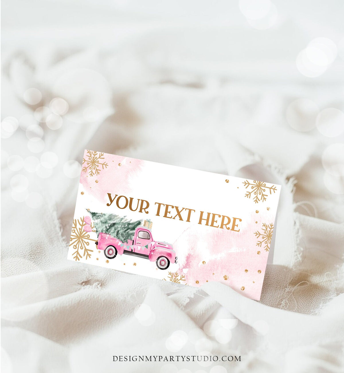 Editable Winter Truck Food Label Place Card Tent Card Escort Holiday Party Christmas Pink Truck Winter Tree Digital Template Printable 0495
