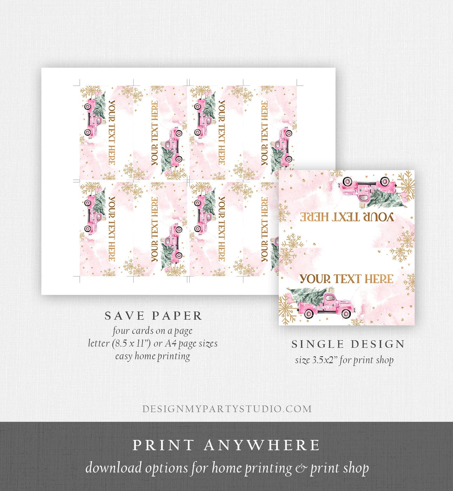 Editable Winter Truck Food Label Place Card Tent Card Escort Holiday Party Christmas Pink Truck Winter Tree Digital Template Printable 0495