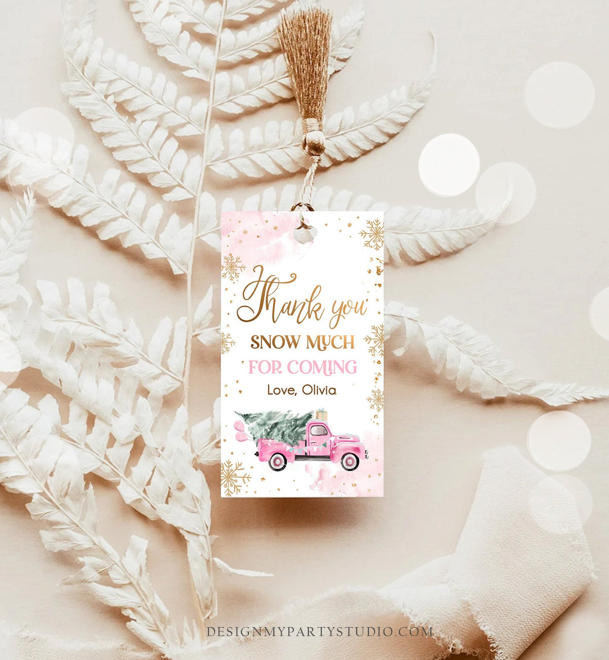 Editable Winter Onederland Favor Tag Christmas Tree Thank You Snow Much Pink Truck Birthday 1st Gift Girl Digital Template Printable 0495