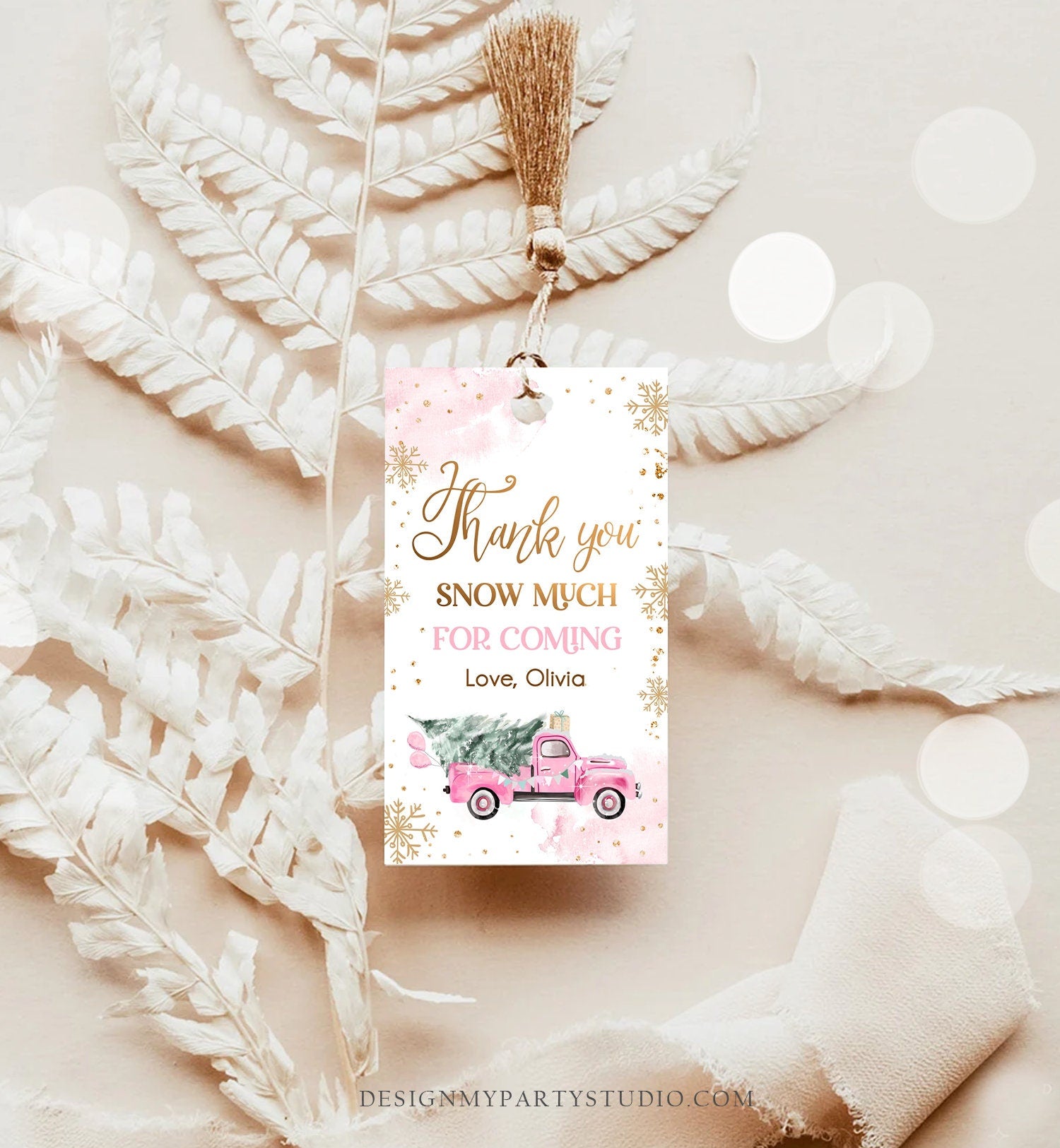 Editable Winter Onederland Favor Tag Christmas Tree Thank You Snow Much Pink Truck Birthday 1st Gift Girl Digital Template Printable 0495