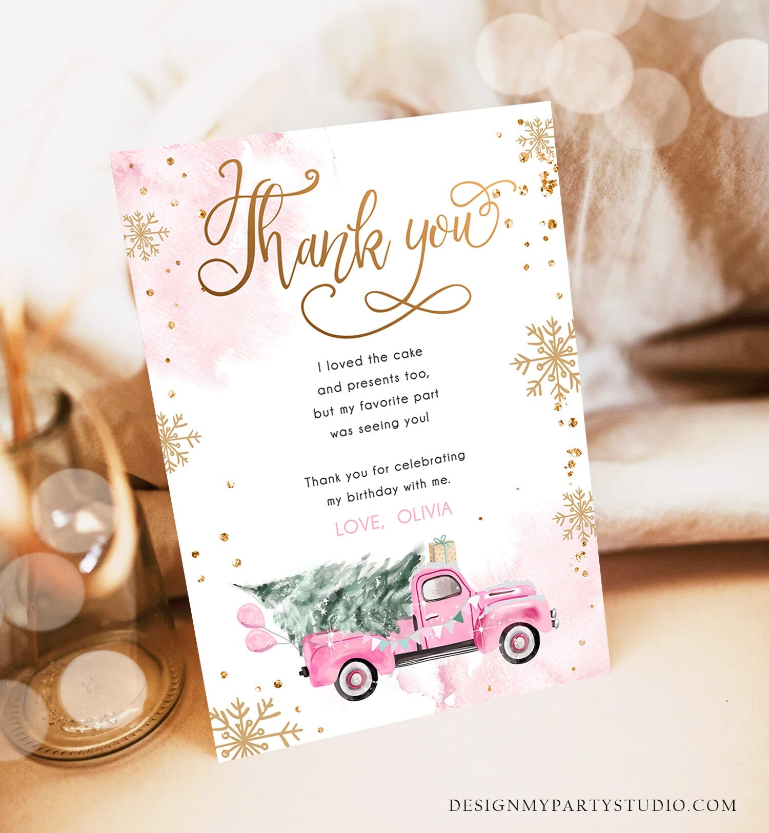 Editable Winter Truck Thank You Card Girl Birthday Winter Onederland Pink Truck Tree Christmas Snowflake Digital Template Printable 0495