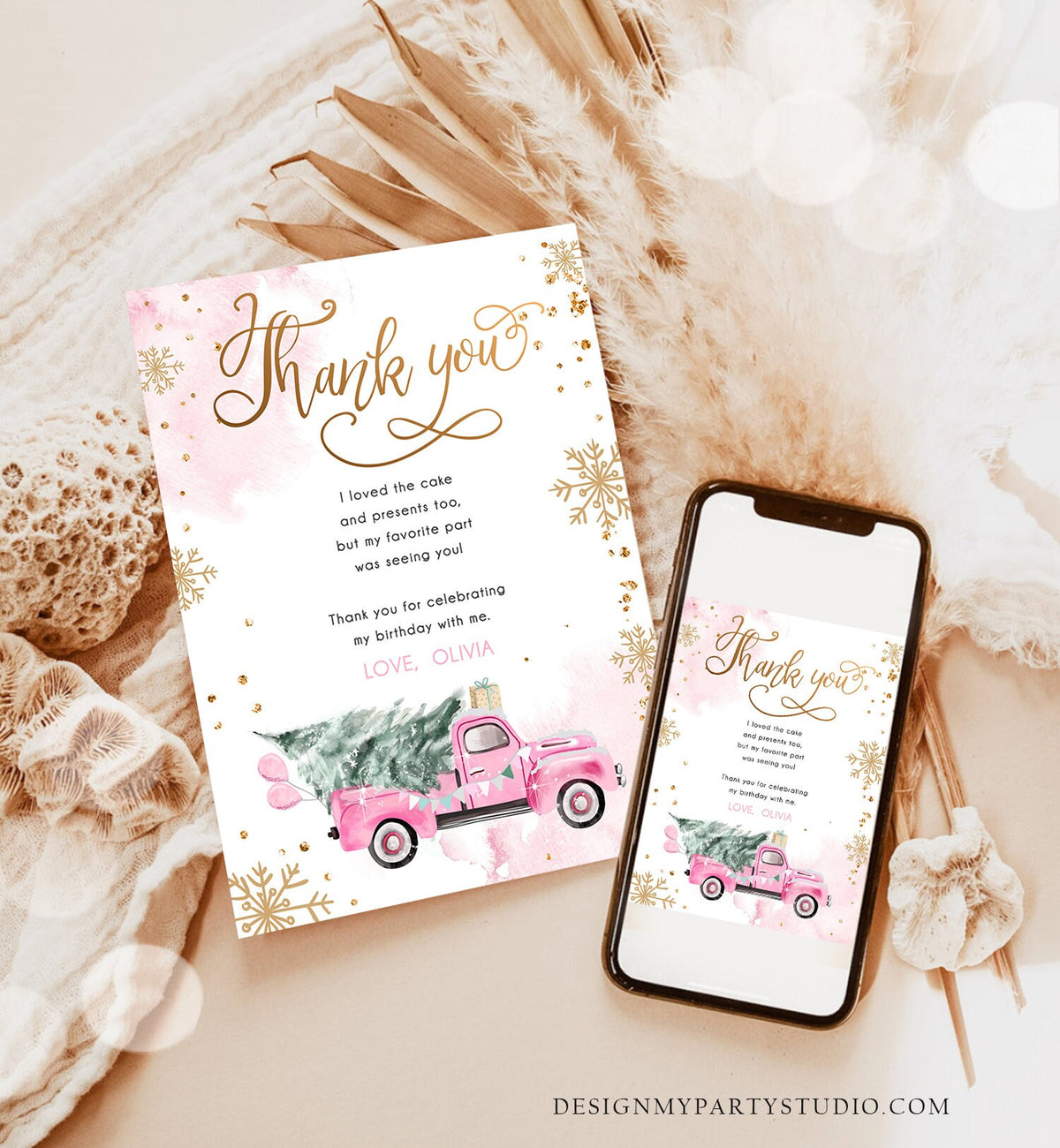 Editable Winter Truck Thank You Card Girl Birthday Winter Onederland Pink Truck Tree Christmas Snowflake Digital Template Printable 0495