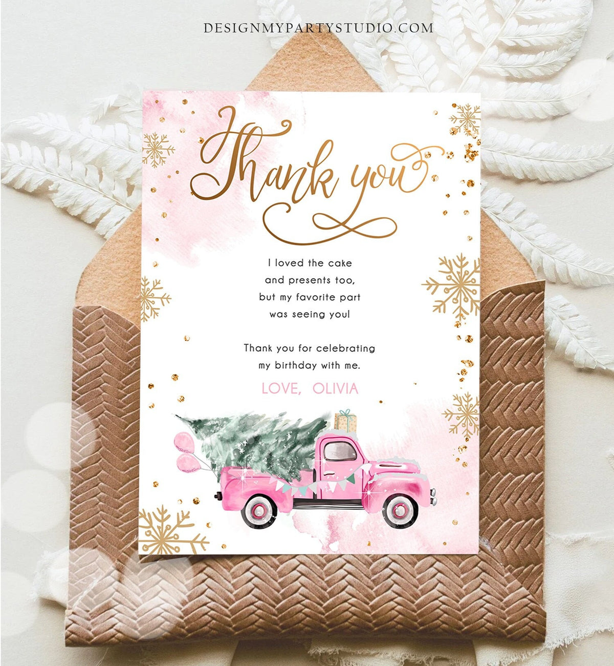 Editable Winter Truck Thank You Card Girl Birthday Winter Onederland Pink Truck Tree Christmas Snowflake Digital Template Printable 0495
