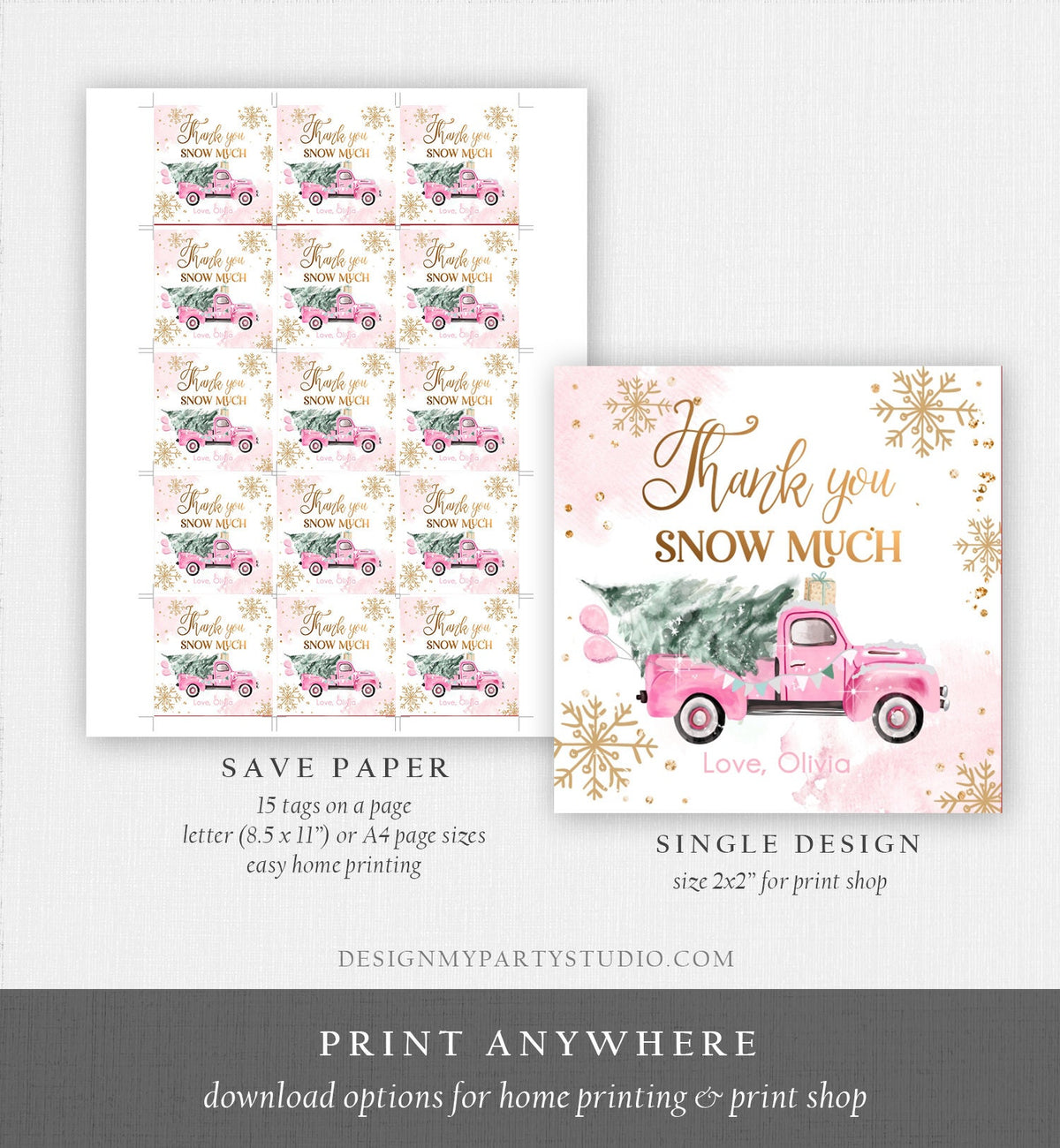 Editable Winter Onederland Favor Tag Christmas Tree Thank You Snow Much Pink Truck Birthday 1st Winter Gift Tag Pink Template Printable 0495