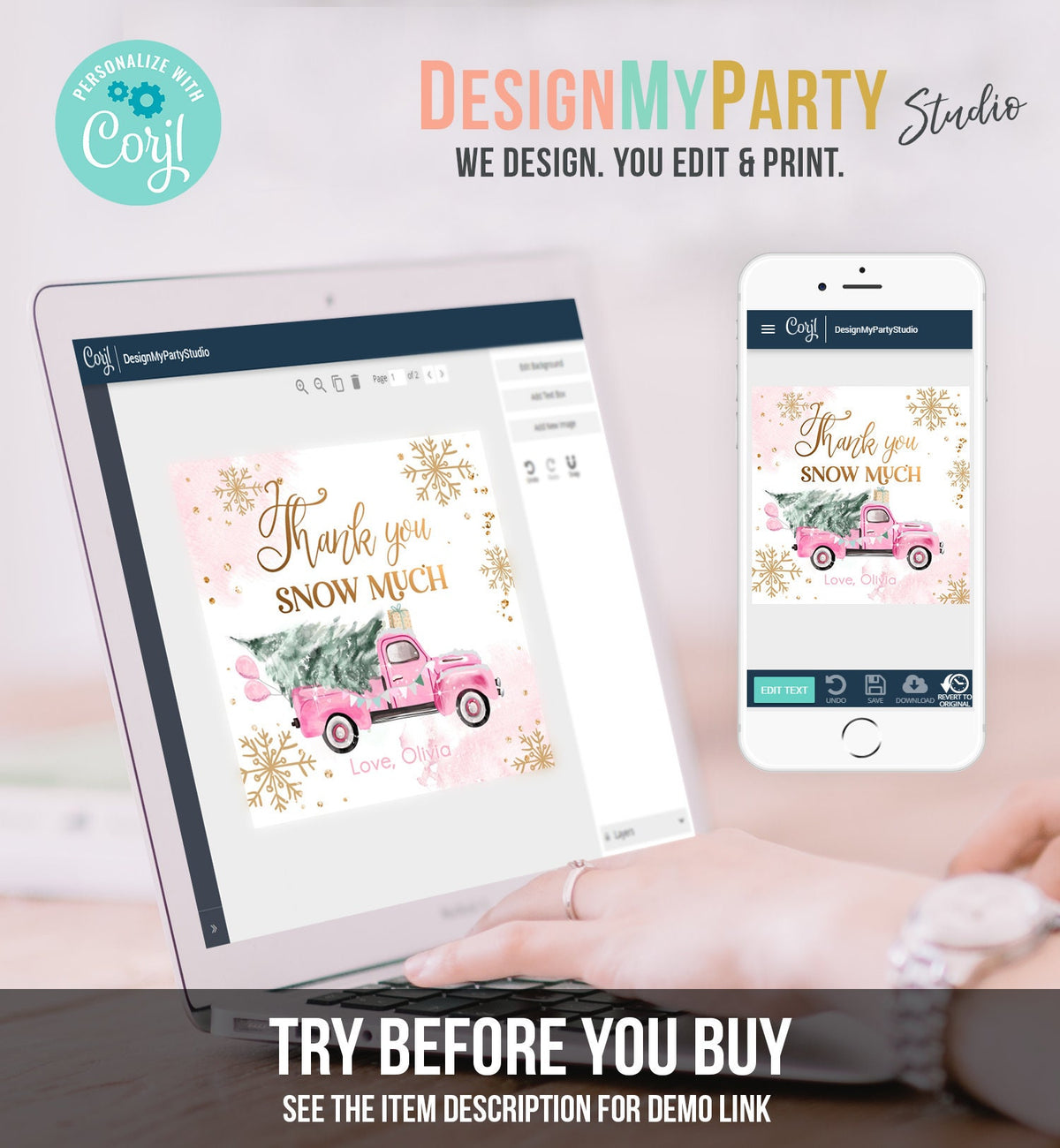 Editable Winter Onederland Favor Tag Christmas Tree Thank You Snow Much Pink Truck Birthday 1st Winter Gift Tag Pink Template Printable 0495