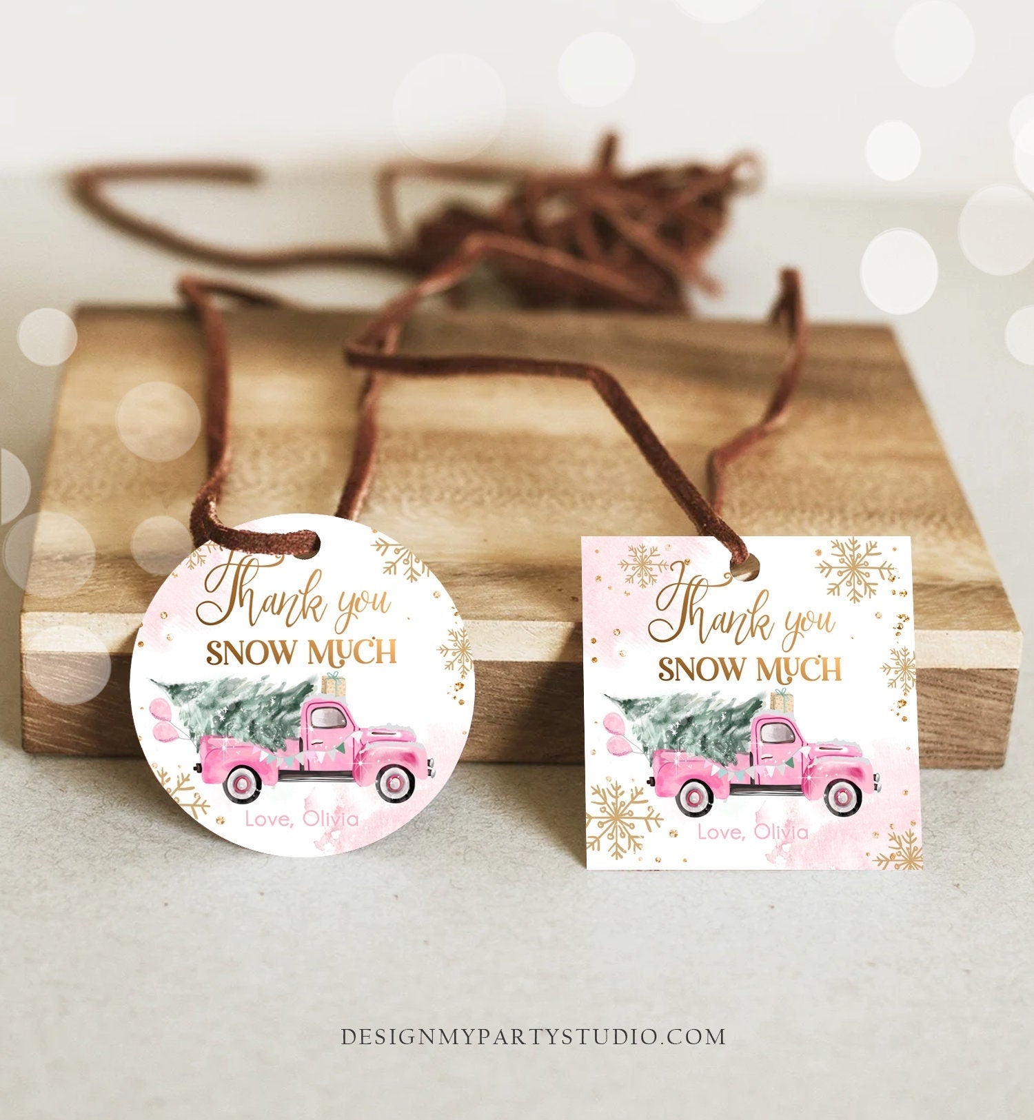 Editable Winter Onederland Favor Tag Christmas Tree Thank You Snow Much Pink Truck Birthday 1st Winter Gift Tag Pink Template Printable 0495