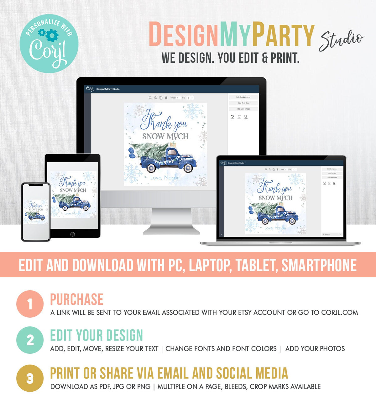 Editable Winter Onederland Favor Tag Christmas Tree Thank You Snow Much Blue Truck Birthday 1st Gift Tag Boy Digital Template Printable 0495