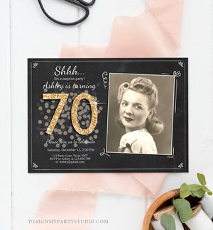 Editable ANY AGE Surprise Birthday Invitation Adult 70th Party Rustic Chalk Black Gold Glitter Photo Download Printable Corjl Template 0103