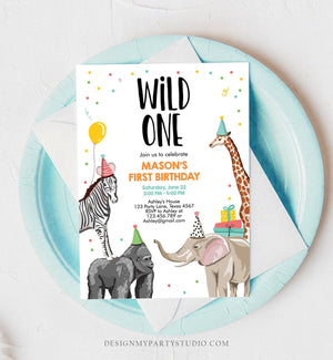 Editable Party Animals Birthday Invitation Wild One Animals Invitation 1st Zoo Safari Animals Boy Download Printable Template Corjl 0142