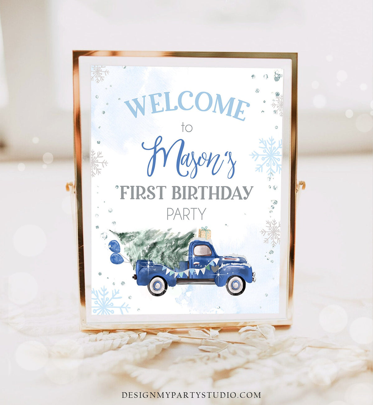 Editable Winter Truck Welcome Sign Onederland Blue Truck Watercolor Boy First Birthday Snowflake Wonderland Digital Template Printable 0495