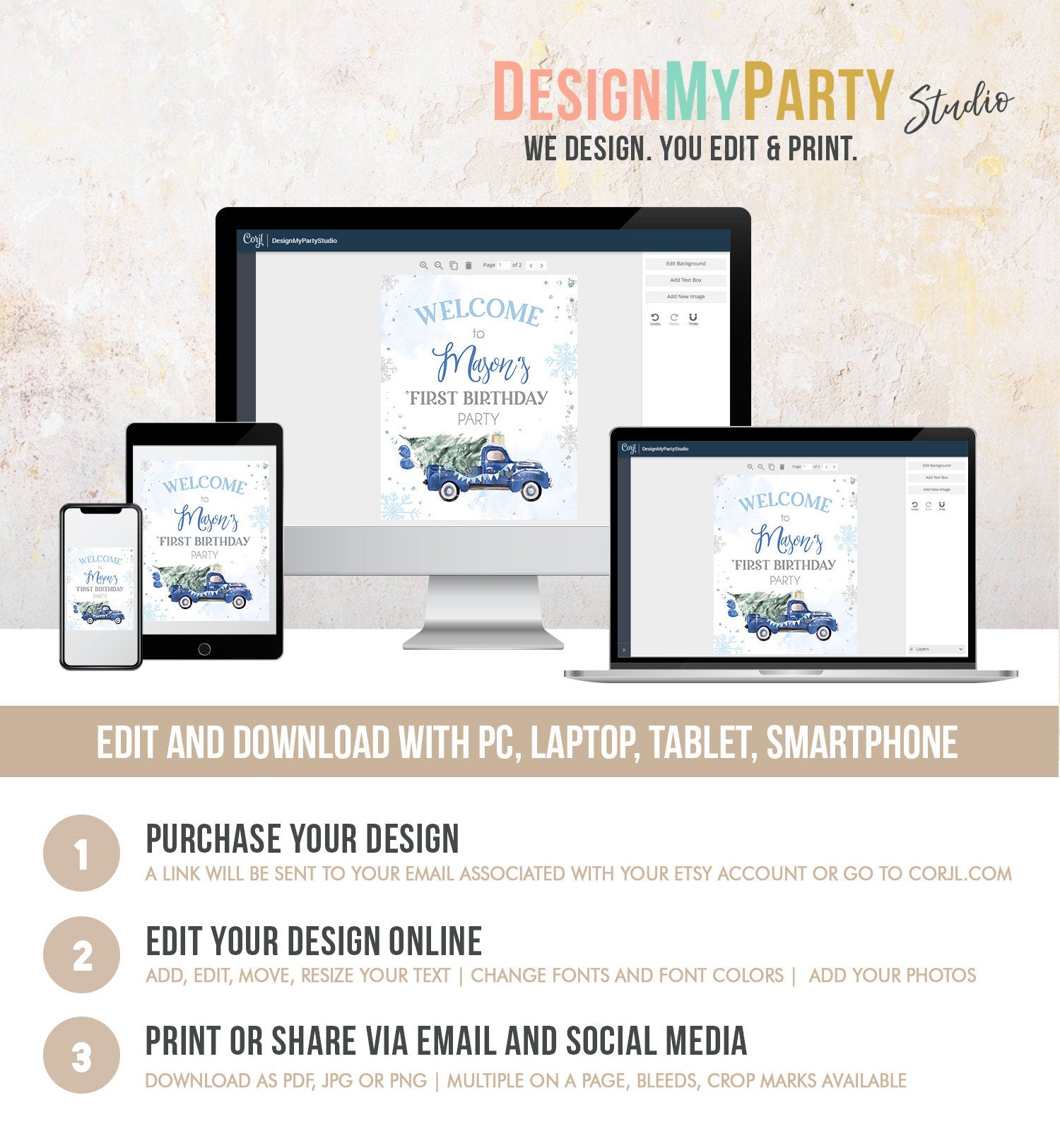 Editable Winter Truck Welcome Sign Onederland Blue Truck Watercolor Boy First Birthday Snowflake Wonderland Digital Template Printable 0495