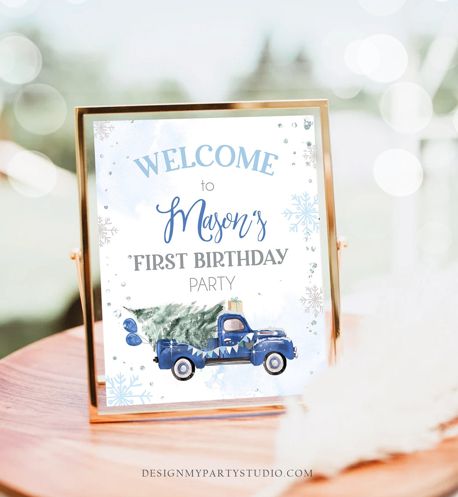 Editable Winter Truck Welcome Sign Onederland Blue Truck Watercolor Boy First Birthday Snowflake Wonderland Digital Template Printable 0495