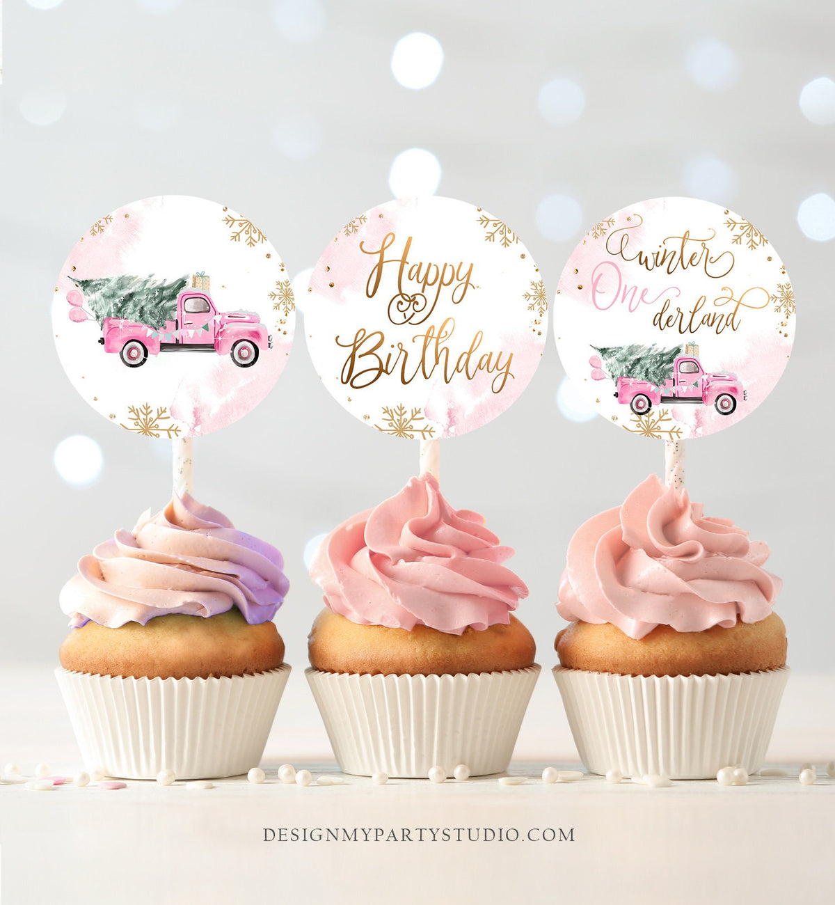 Winter Truck Cupcake Toppers Winter ONEderland Tree Girl First Birthday Party Decor Pink Truck Stickers Tags Download Digital Printable 0495
