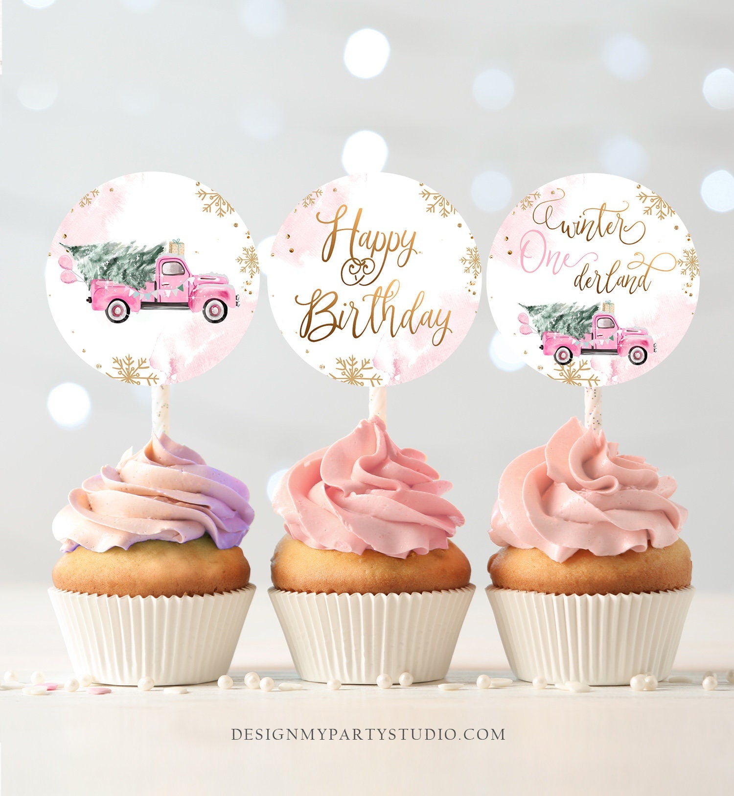 Winter Truck Cupcake Toppers Winter ONEderland Tree Girl First Birthday Party Decor Pink Truck Stickers Tags Download Digital Printable 0495