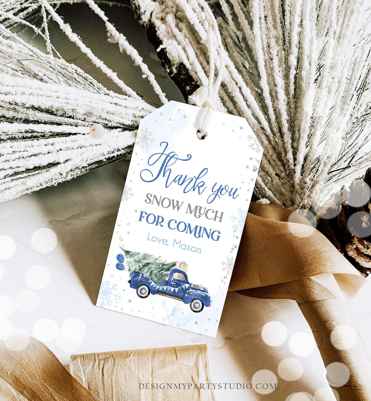 Editable Winter Onederland Favor Tag Christmas Tree Thank You Snow Much Blue Truck Birthday 1st Gift Tag Boy Digital Template Printable 0495