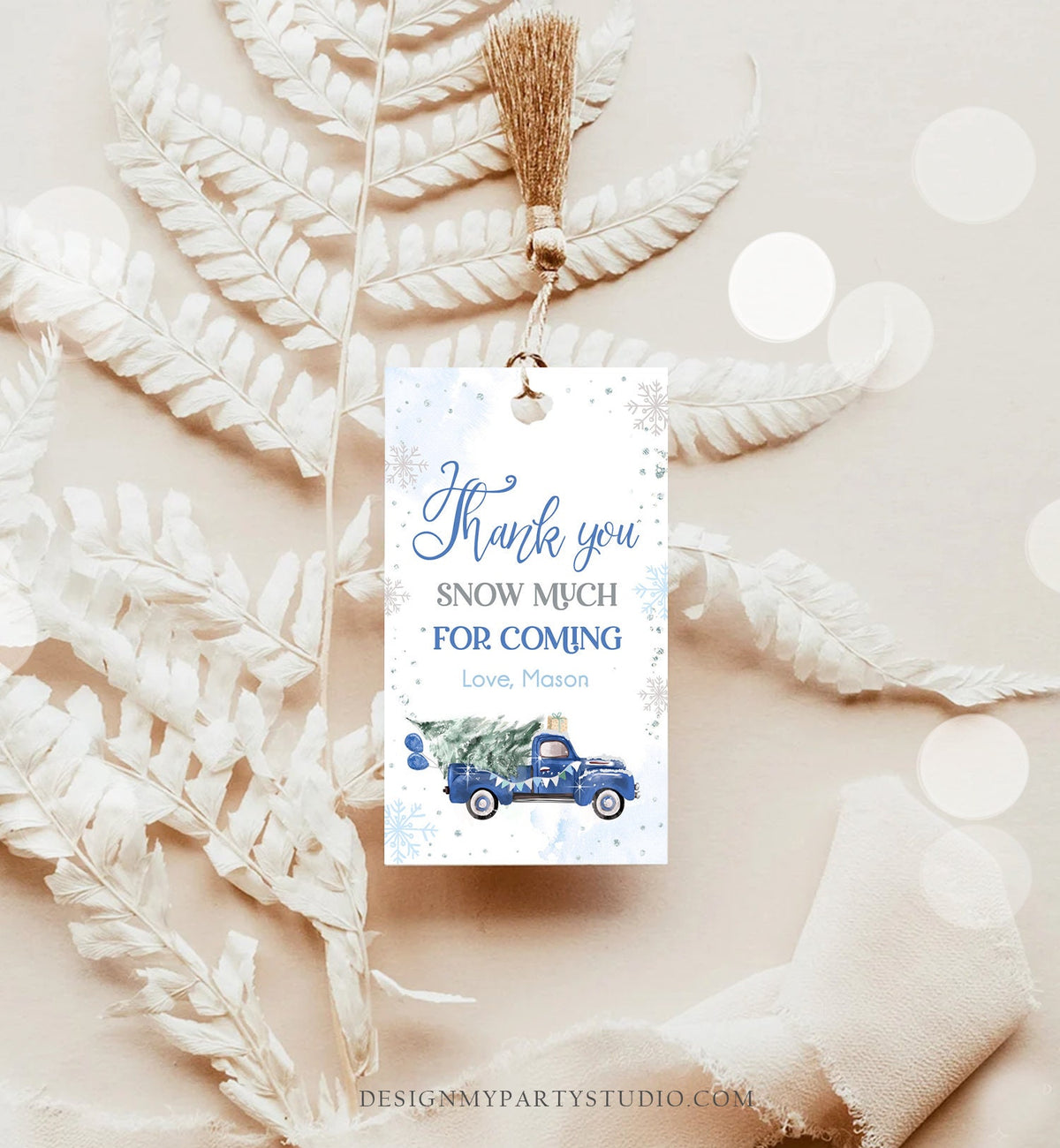 Editable Winter Onederland Favor Tag Christmas Tree Thank You Snow Much Blue Truck Birthday 1st Gift Tag Boy Digital Template Printable 0495