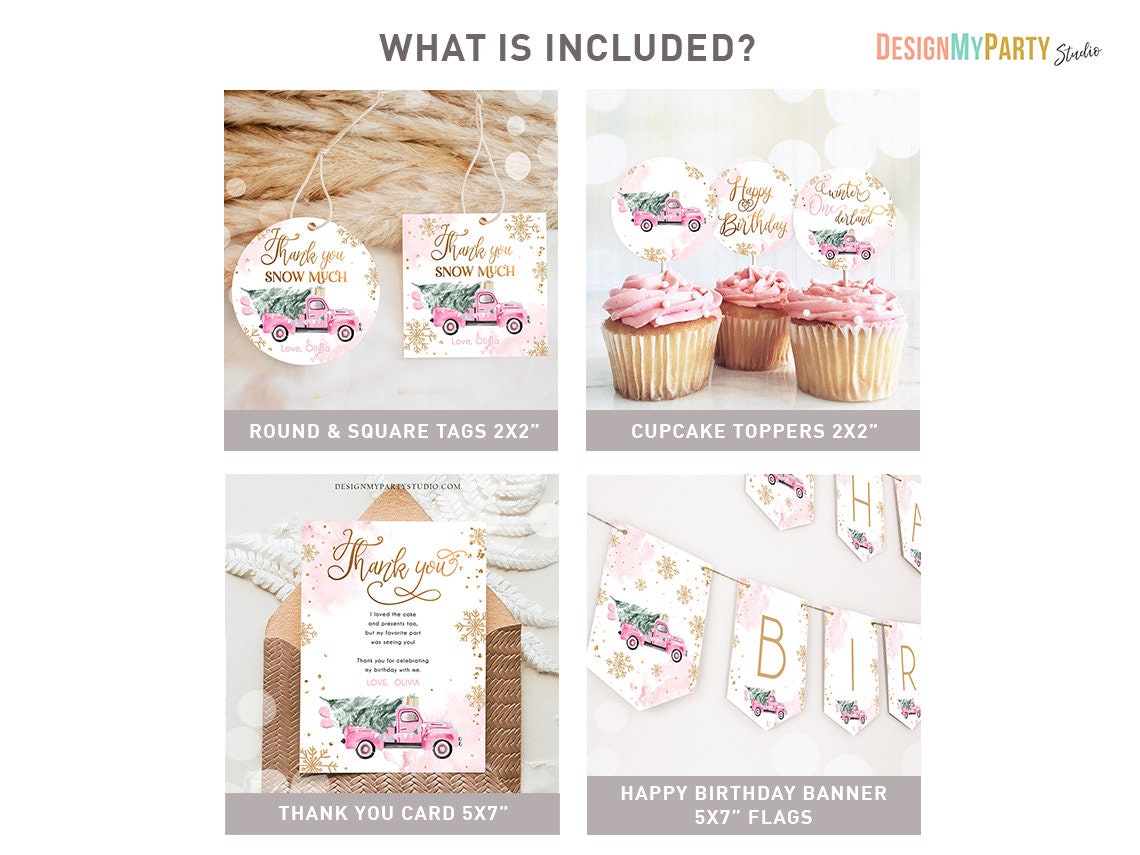 Winter ONEderland Birthday Bundle Christmas Winter Pink Truck Girl First Birthday Tree Snowflakes Watercolor Digital Template Printable 0495