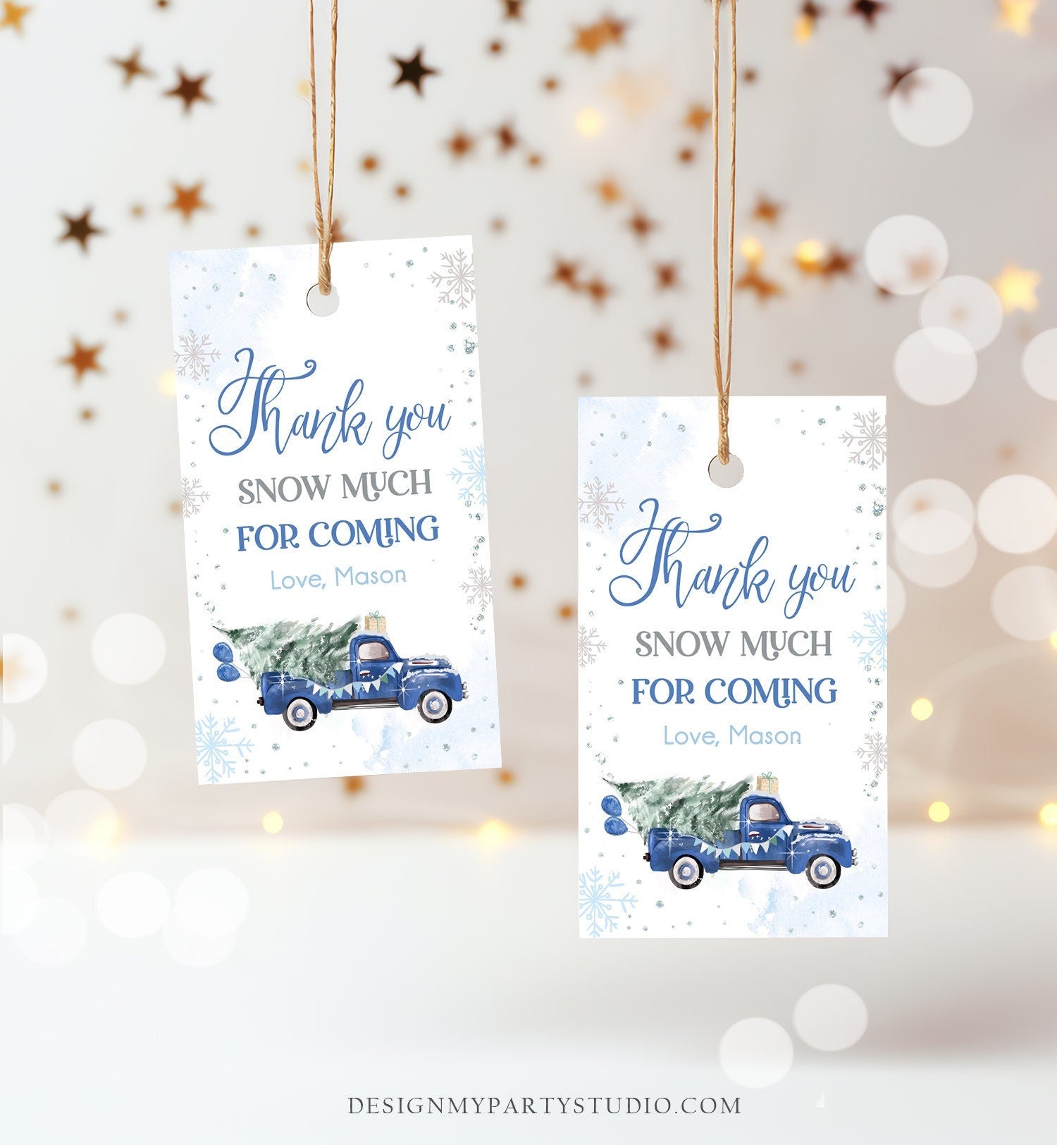 Editable Winter Onederland Favor Tag Christmas Tree Thank You Snow Much Blue Truck Birthday 1st Gift Tag Boy Digital Template Printable 0495