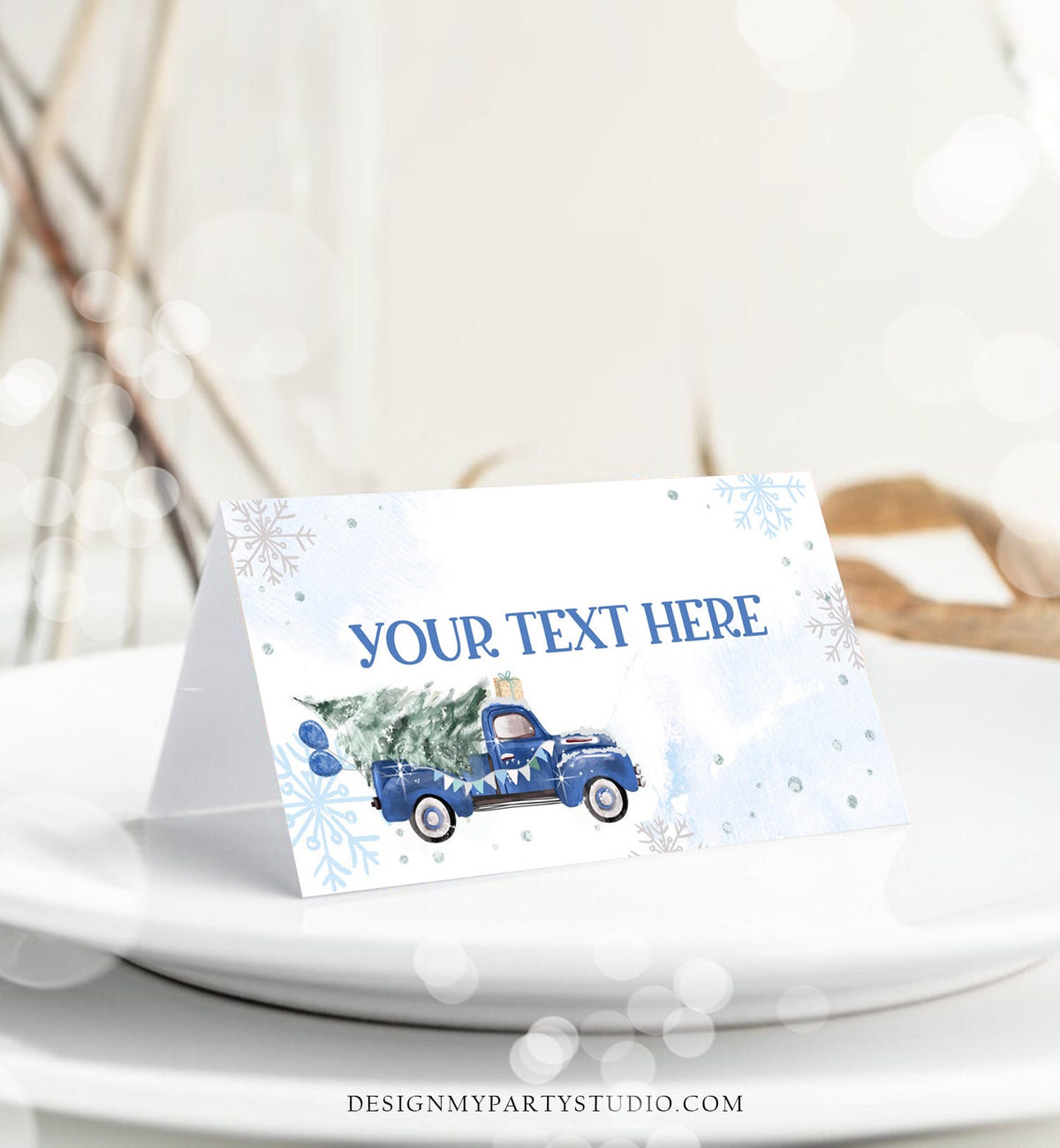 Editable Winter Truck Food Label Place Card Tent Card Escort Holiday Party Christmas Blue Truck Winter Tree Digital Template Printable 0495
