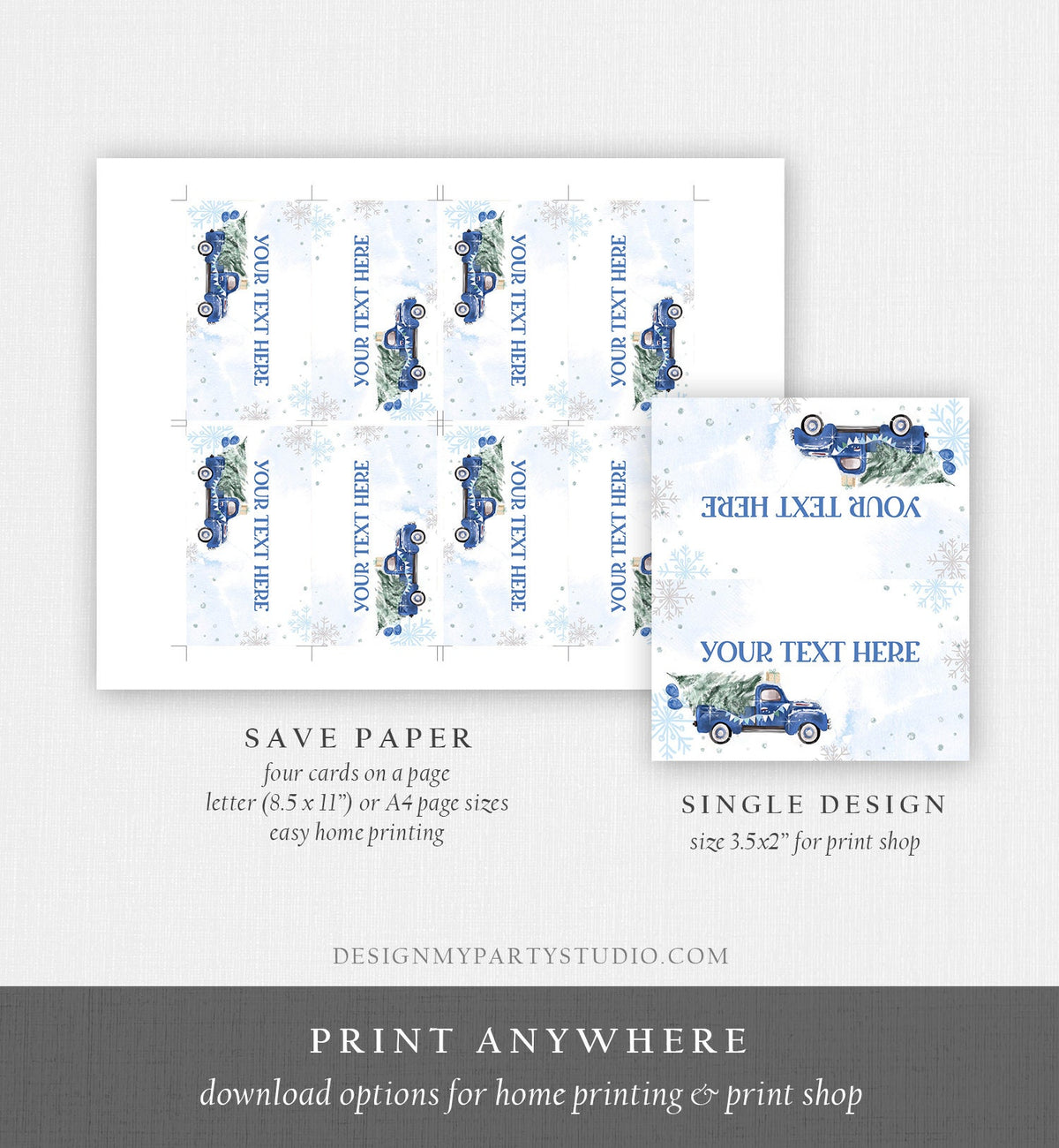 Editable Winter Truck Food Label Place Card Tent Card Escort Holiday Party Christmas Blue Truck Winter Tree Digital Template Printable 0495