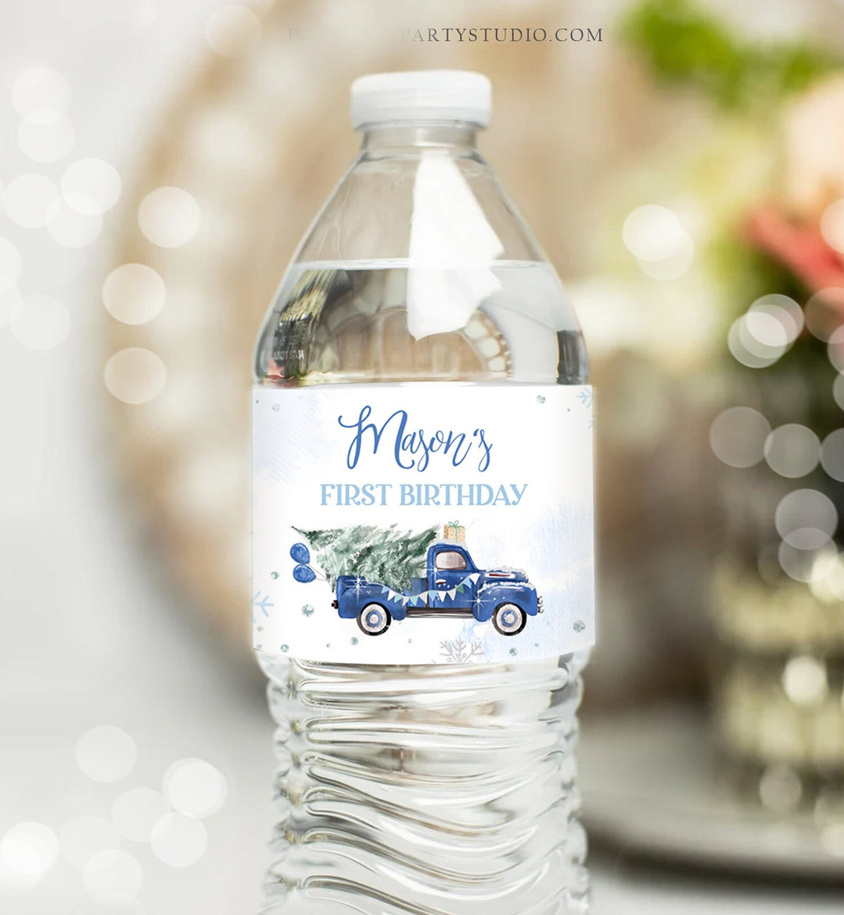 Editable Winter Truck Water Bottle Labels Winter Onederland Party Decor Boy Birthday Blue Truck Christmas Digital Template Printable 0495