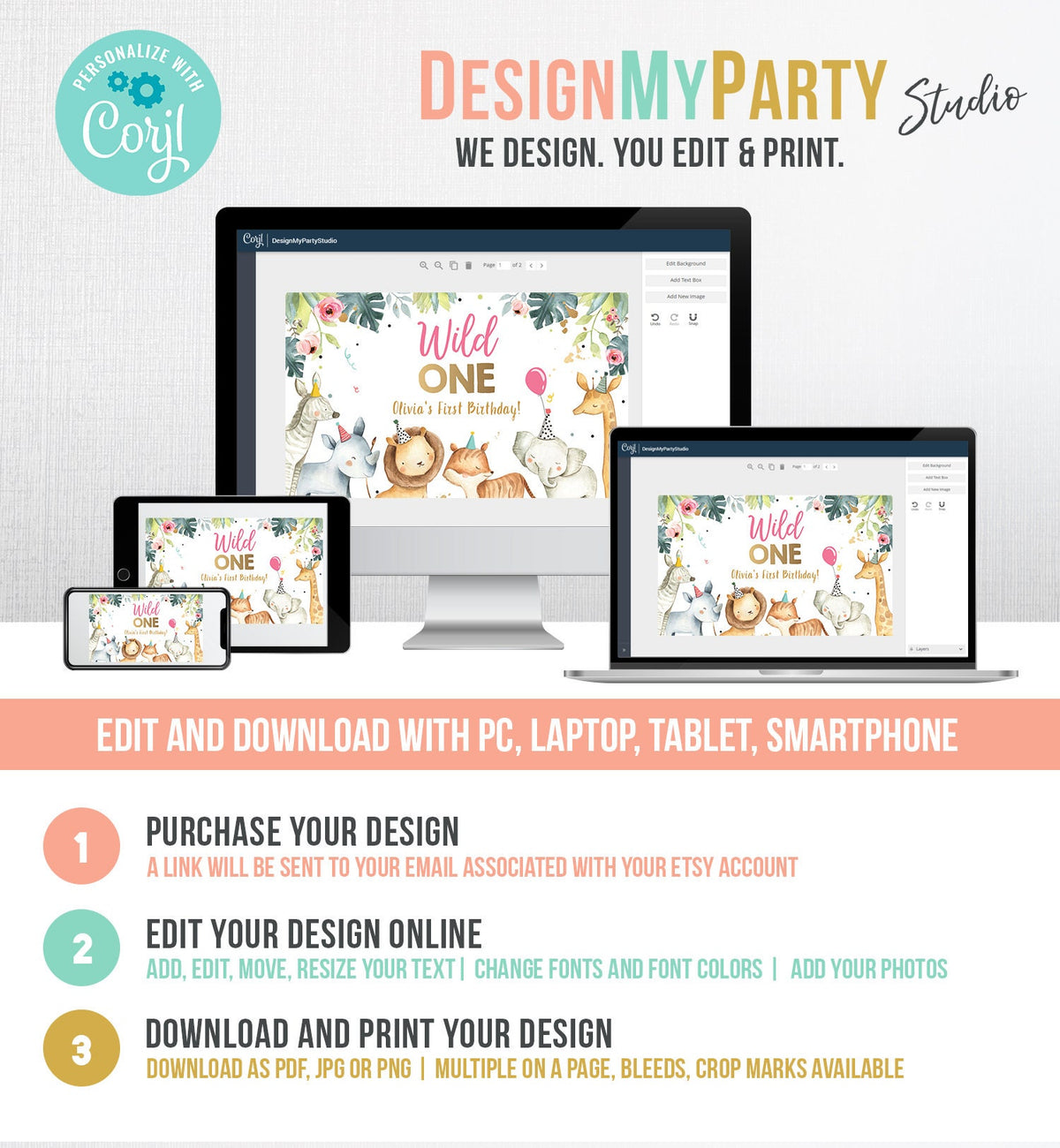 Editable Party Animals Birthday Backdrop Banner Safari Animals Girl Wild One 1st First Birthday Welcome Sign Corjl Template Printable 0163