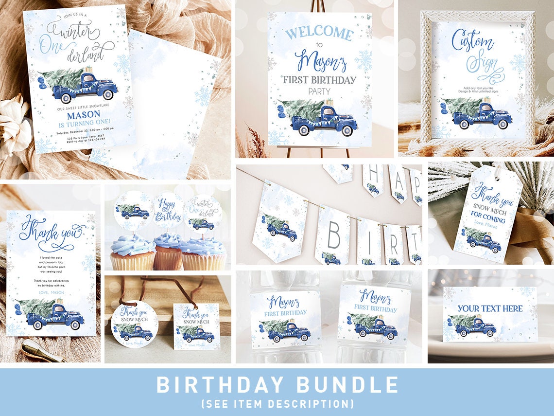Winter ONEderland Birthday Bundle Christmas Winter Blue Truck Boy First Birthday Tree Snowflakes Watercolor Digital Template Printable 0495