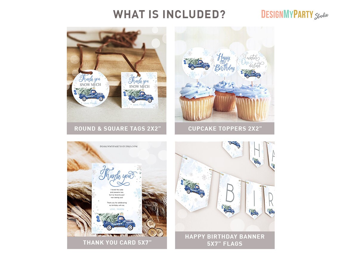 Winter ONEderland Birthday Bundle Christmas Winter Blue Truck Boy First Birthday Tree Snowflakes Watercolor Digital Template Printable 0495