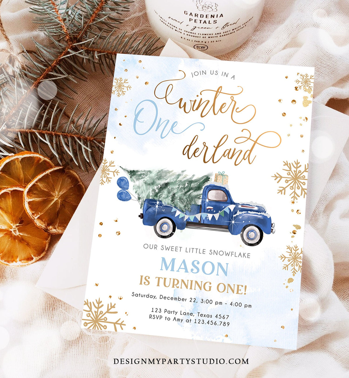 Editable Winter Onederland Winter First Birthday Invitation Christmas Winter Gold Blue Truck Boy Silver Minimalist Template Printable 0495