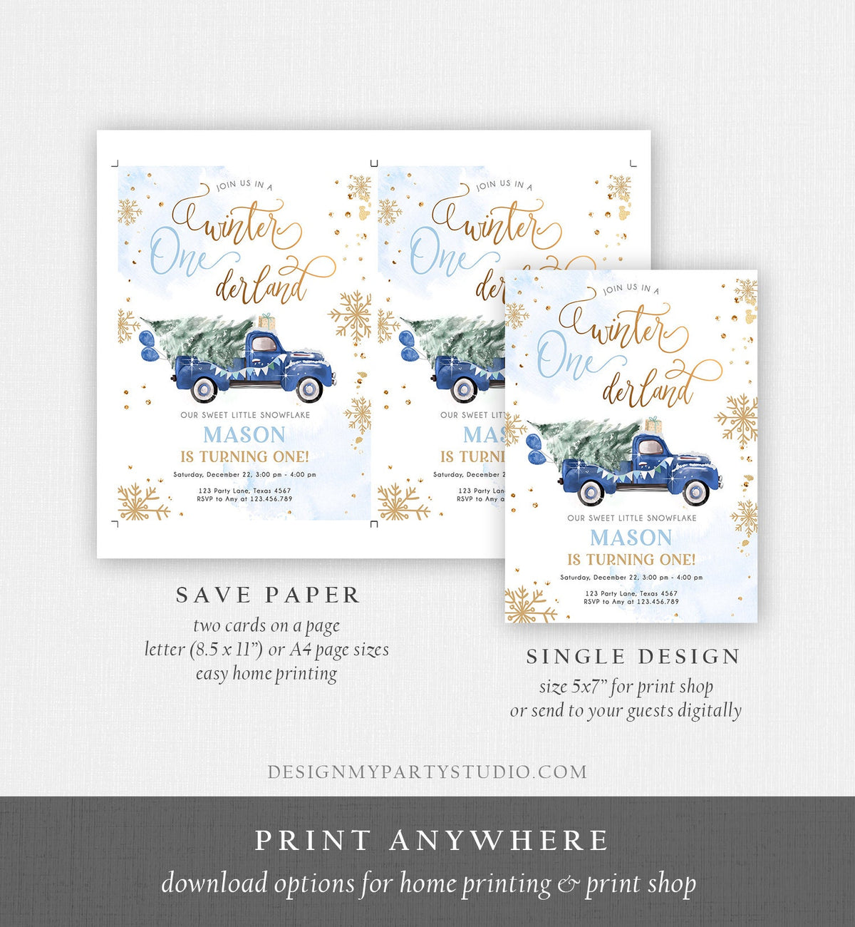 Editable Winter Onederland Winter First Birthday Invitation Christmas Winter Gold Blue Truck Boy Silver Minimalist Template Printable 0495