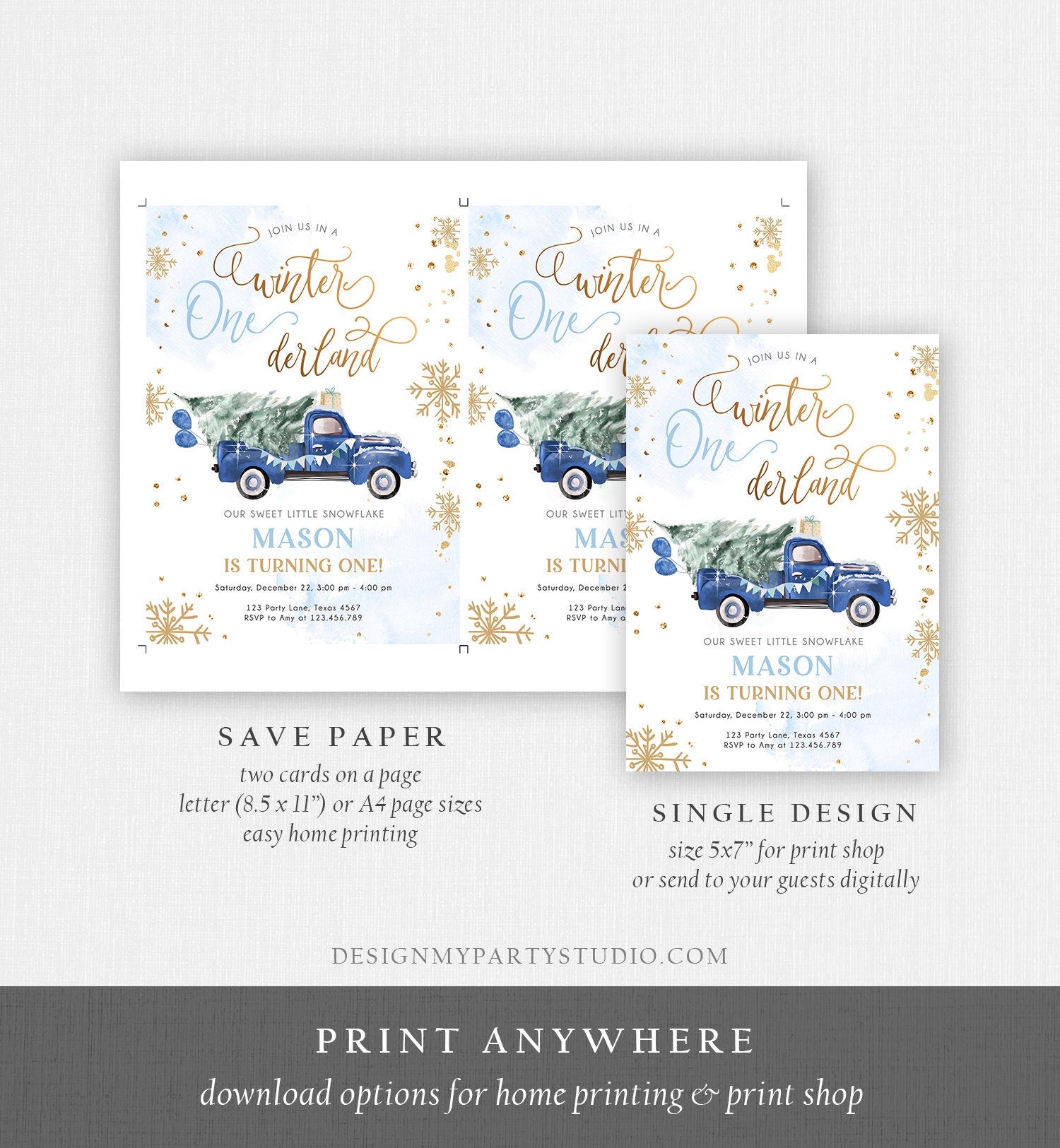 Editable Winter Onederland Winter First Birthday Invitation Christmas Winter Gold Blue Truck Boy Silver Minimalist Template Printable 0495