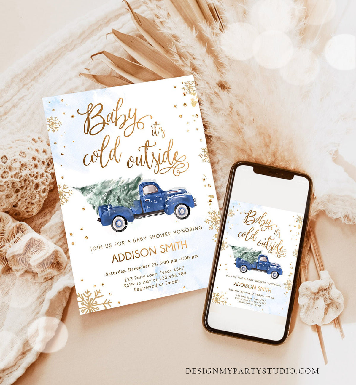 Editable Baby Its Cold Outside Baby Shower Invitation Winter Truck Blue Boy Baby Shower Gold Watercolor Tree Digital Template Printable 0495