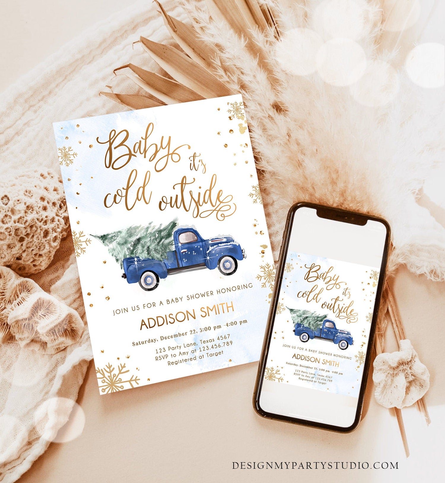 Editable Baby Its Cold Outside Baby Shower Invitation Winter Truck Blue Boy Baby Shower Gold Watercolor Tree Digital Template Printable 0495