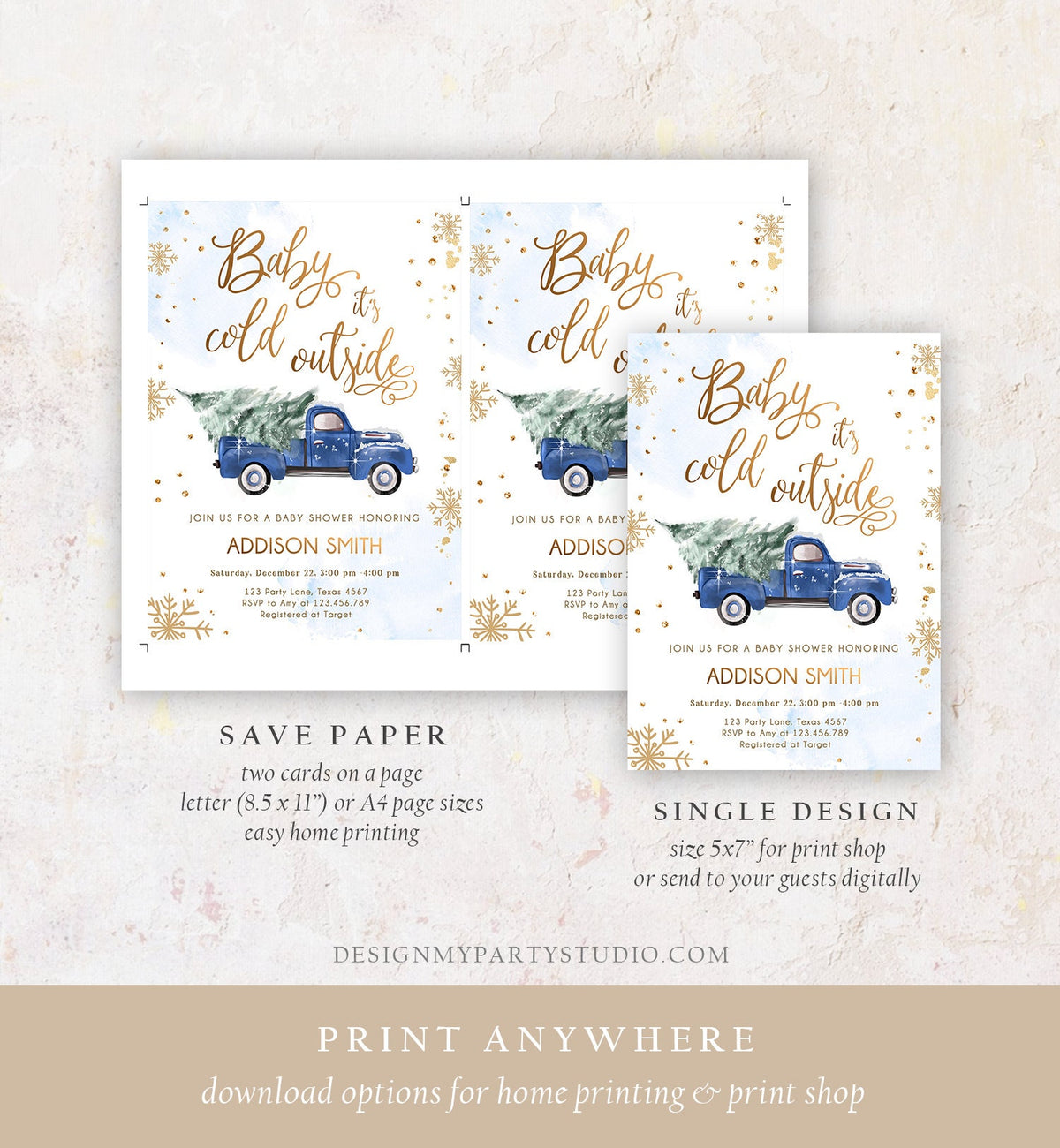 Editable Baby Its Cold Outside Baby Shower Invitation Winter Truck Blue Boy Baby Shower Gold Watercolor Tree Digital Template Printable 0495