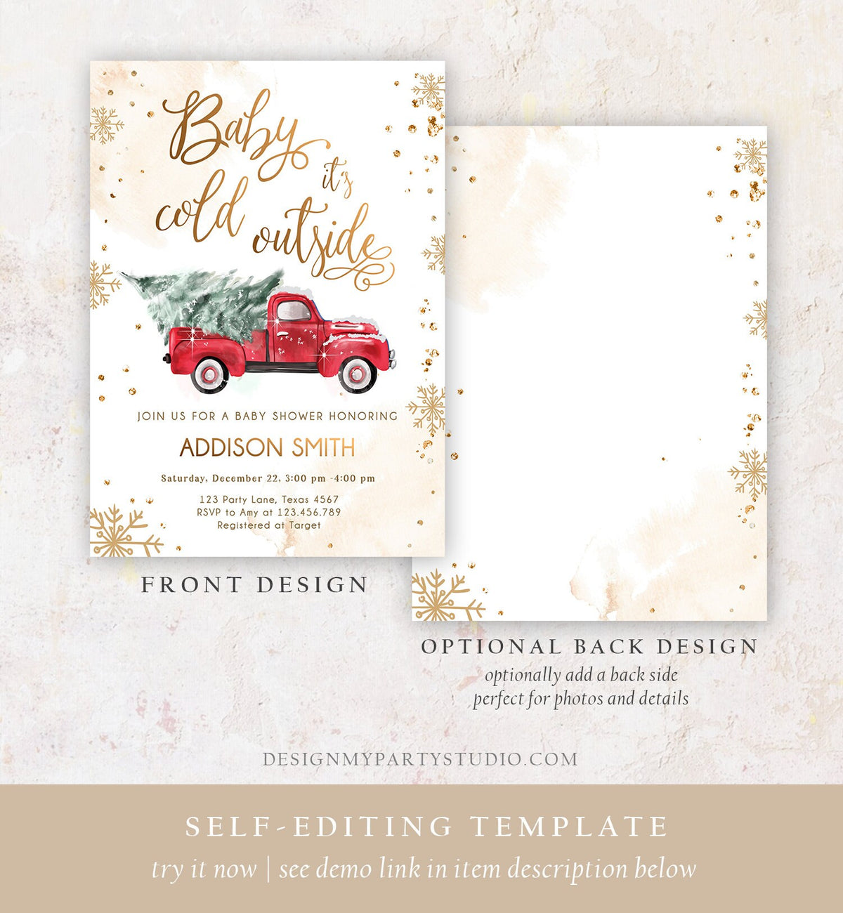 Editable Baby Its Cold Outside Baby Shower Invitation Winter Truck Red Gender Neutral Baby Shower Gold Tree Download Template Printable 0495