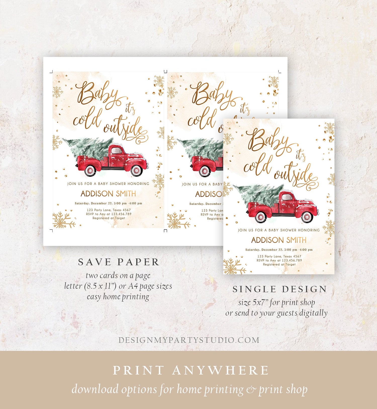 Editable Baby Its Cold Outside Baby Shower Invitation Winter Truck Red Gender Neutral Baby Shower Gold Tree Download Template Printable 0495