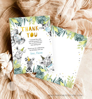 Editable Thank You Card Safari Animals Wild One Two Wild Thank You Note Boy Blue Gold Jungle Zoo Party Animals Corjl Template Digital 0322